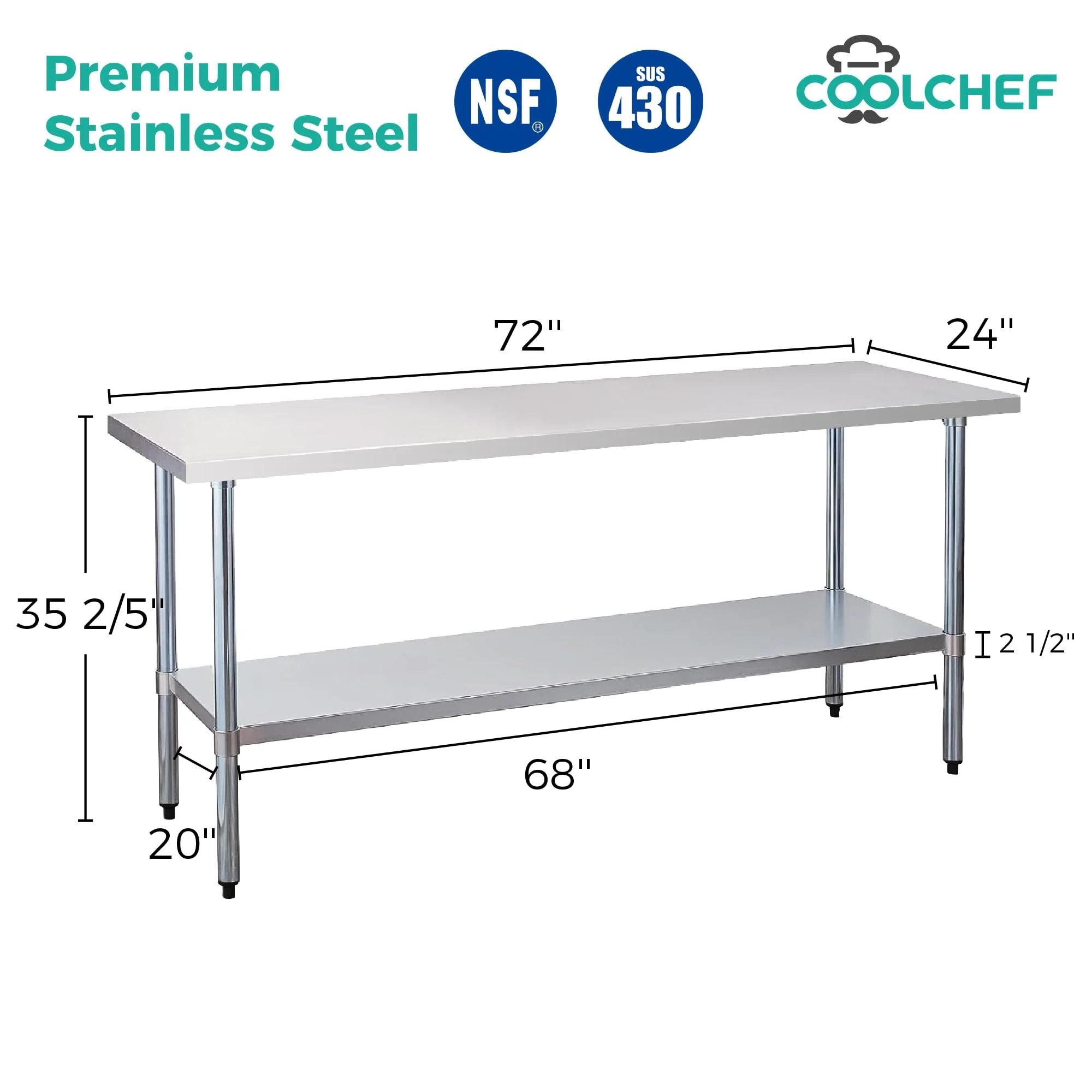 Okeyolive Stainless Steel Work Table 24 x 72 Inch, NSF Commercial Prep Table with Undershelf, Heavy Duty Food Prep Workstation - Image 8