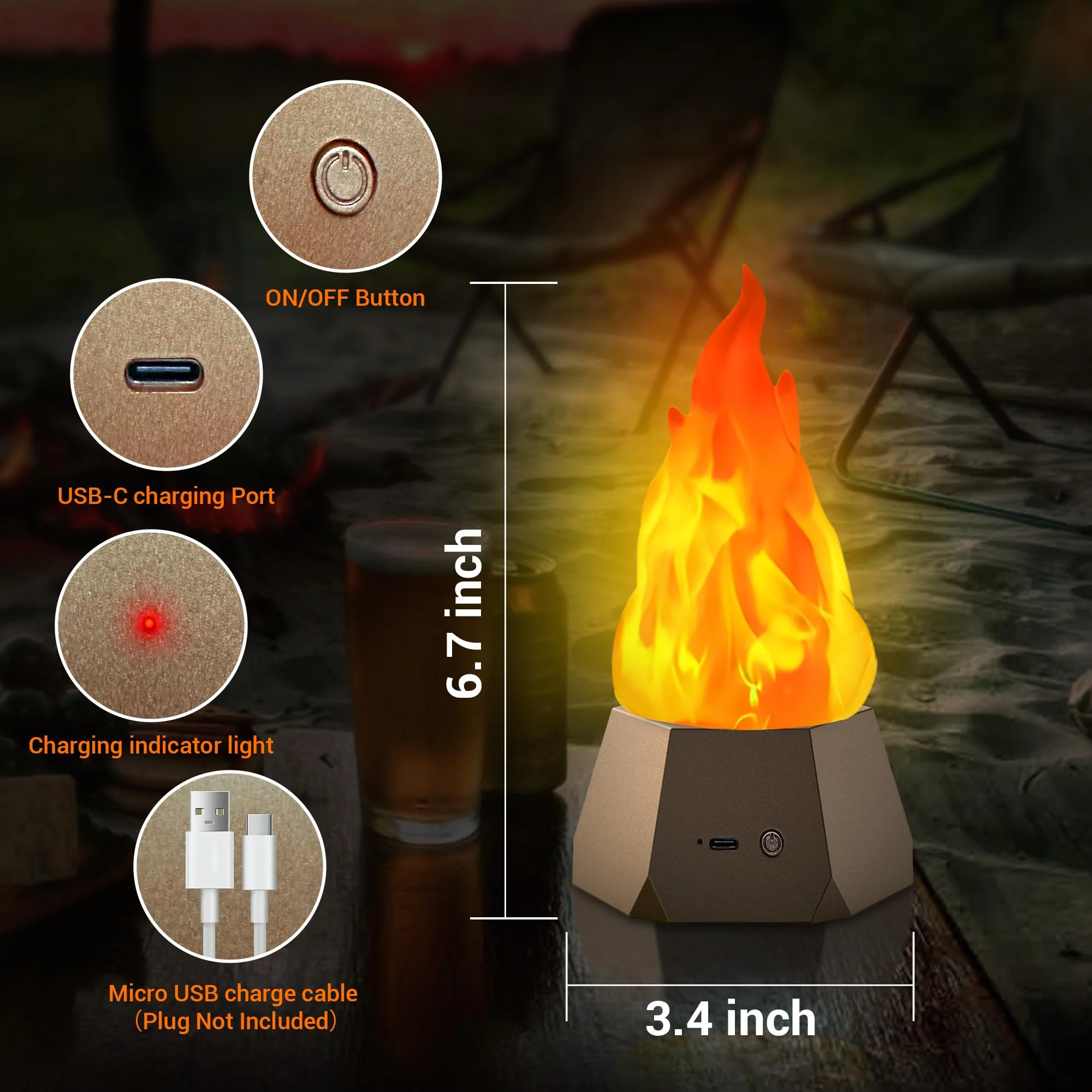 Ollcuz LED Flame Lights, Rechargeable Battery Flameless Candles, Fake Fire with Flickering Flame, LED Night Light for Kids Bedroom Outdoor Camping Party Bar Table Christmas Decorations, 2 Pack - Image 9