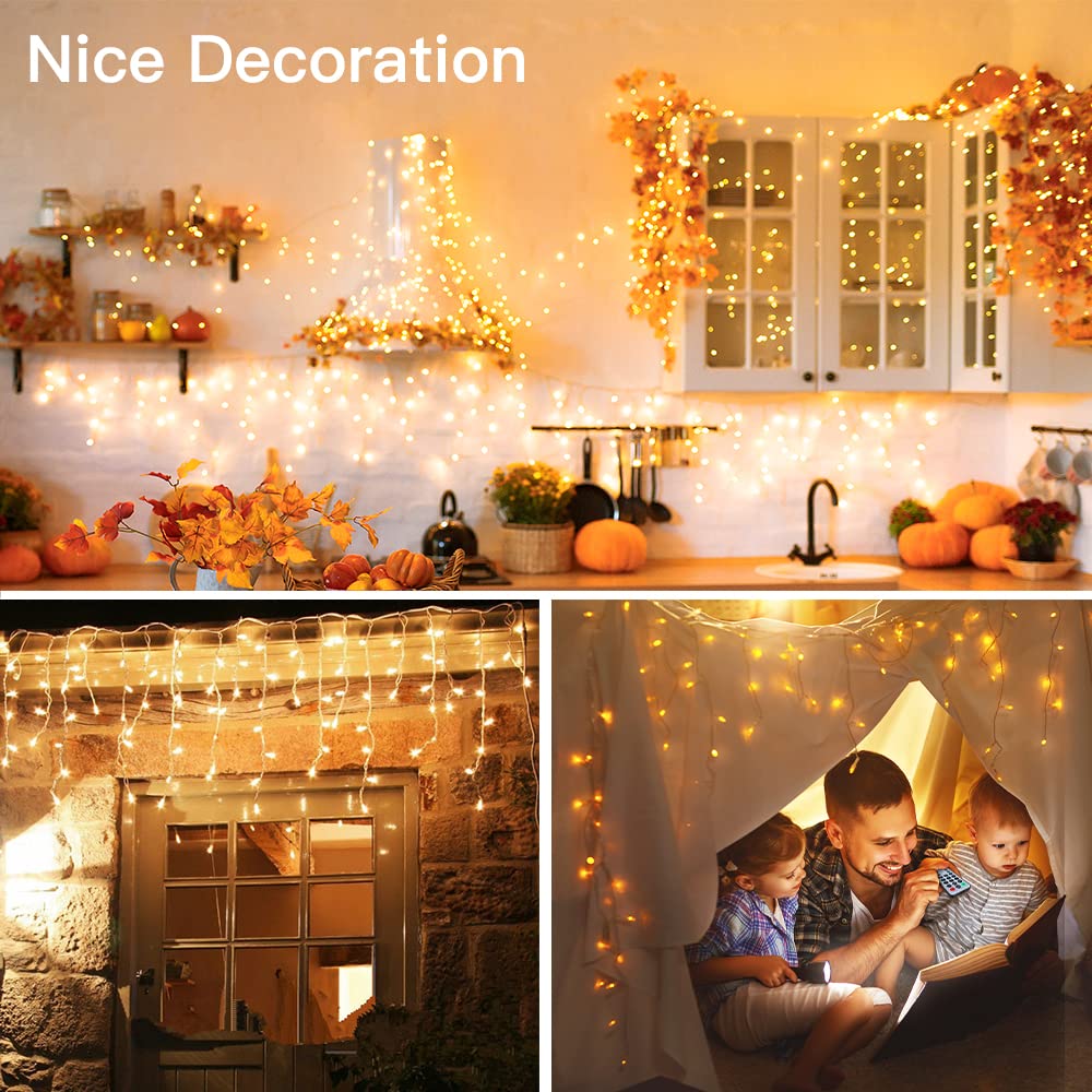 Ollny Icicle Lights for Outside 720LED 60FT, Warm White Christmas Lights with Remote 8 Modes Dimmable, Waterproof Connectable Timer Hanging Light for House Outdoor Yard Indoor Decorations - Image 2