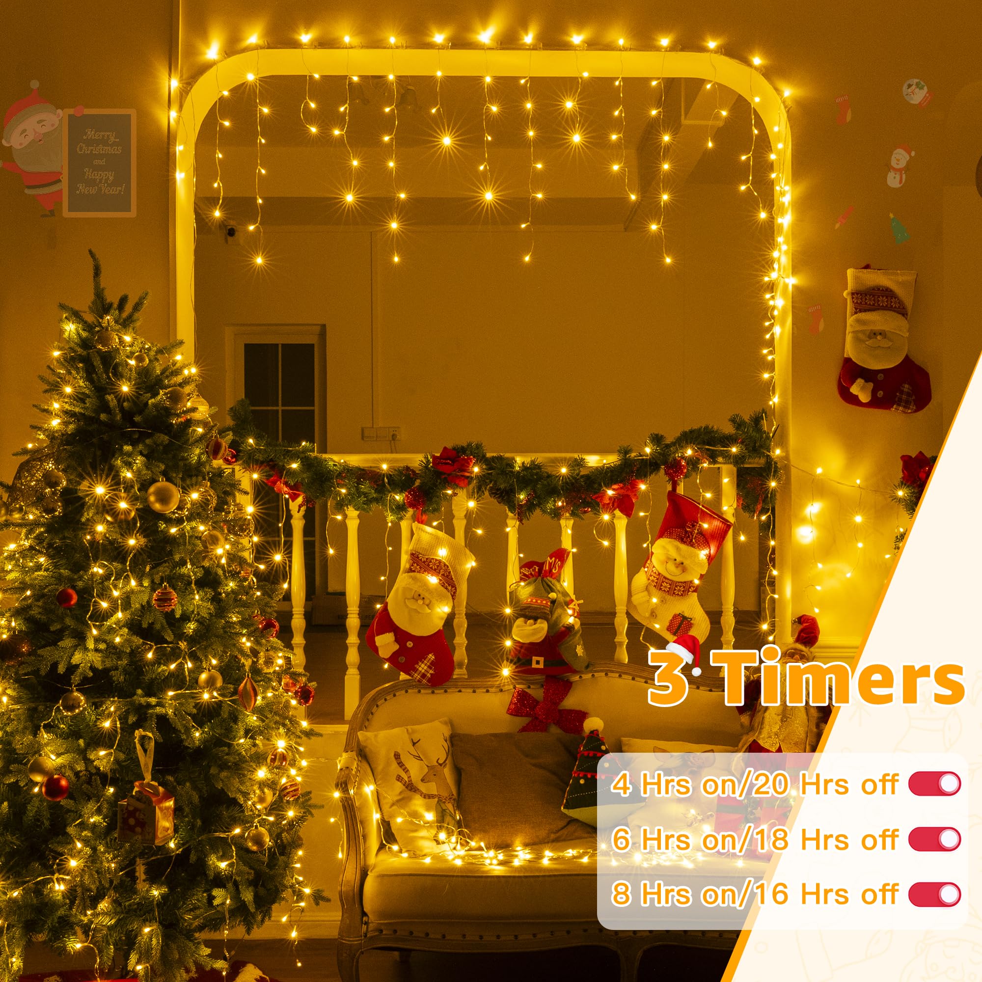 Ollny Icicle Lights for Outside 720LED 60FT, Warm White Christmas Lights with Remote 8 Modes Dimmable, Waterproof Connectable Timer Hanging Light for House Outdoor Yard Indoor Decorations - Image 3