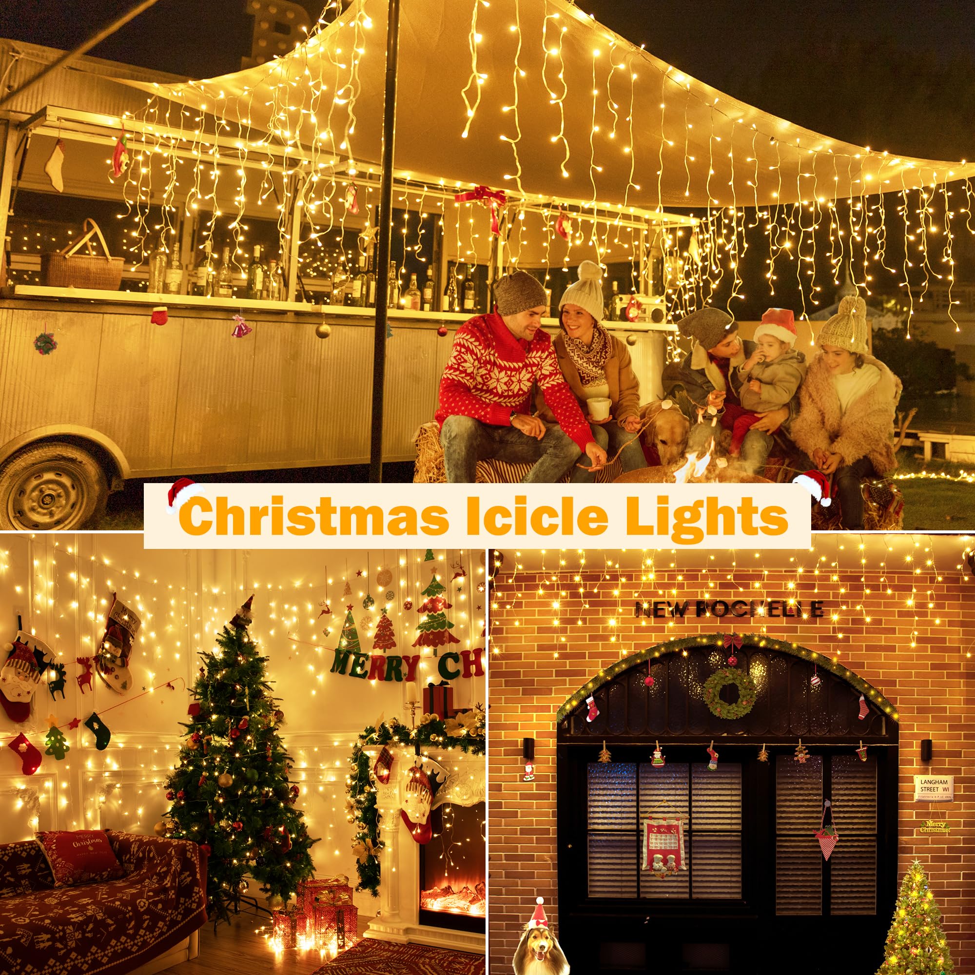 Ollny Icicle Lights for Outside 720LED 60FT, Warm White Christmas Lights with Remote 8 Modes Dimmable, Waterproof Connectable Timer Hanging Light for House Outdoor Yard Indoor Decorations - Image 4