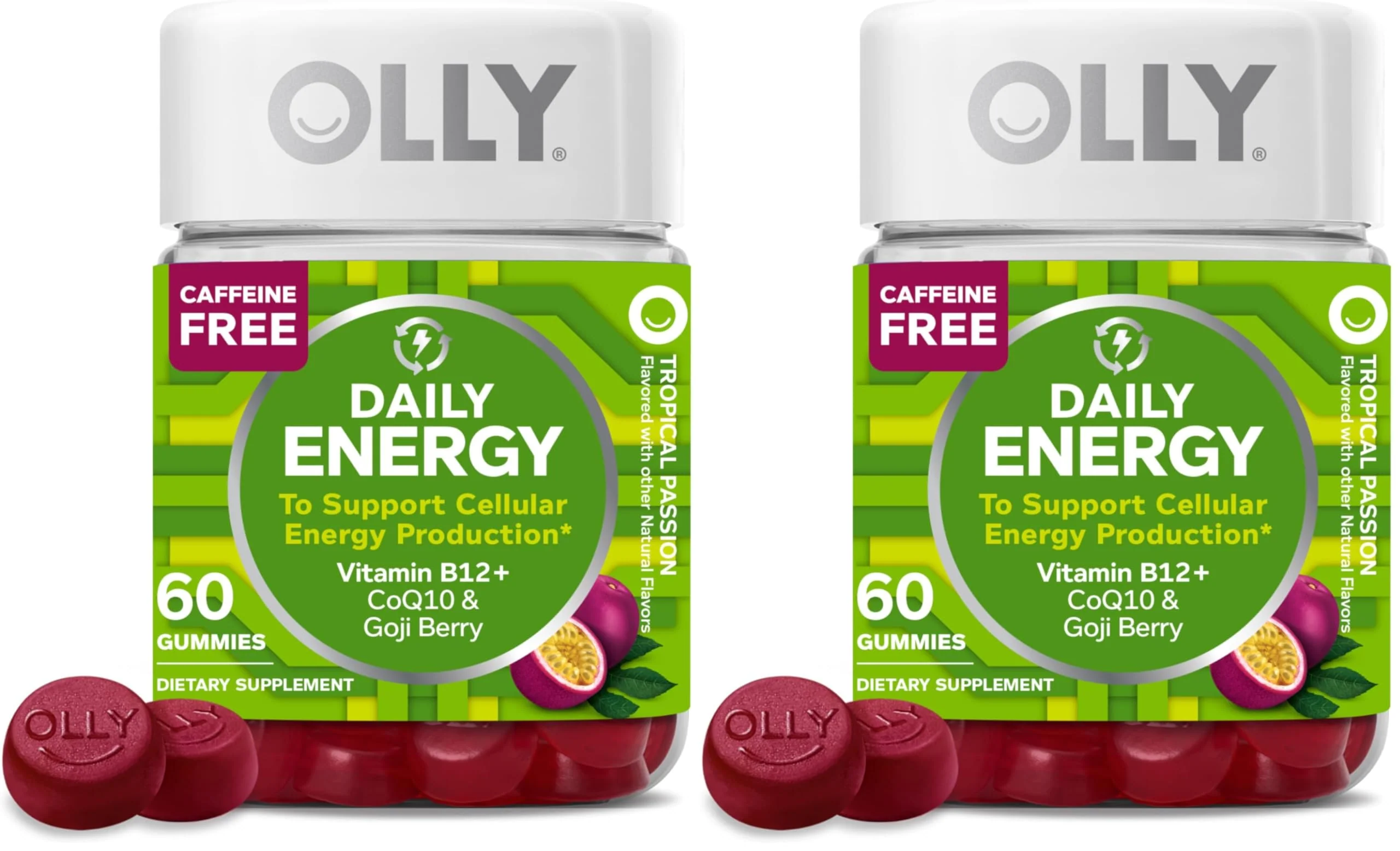 OLLY Daily Energy Gummy,Caffeine Free,Vitamin B12,CoQ10,Goji Berry,Adult Chewable Supplement,Tropical Flavor -,60 Count (Pack of 2)