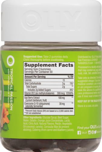 OLLY Daily Energy Gummy,Caffeine Free,Vitamin B12,CoQ10,Goji Berry,Adult Chewable Supplement,Tropical Flavor -,60 Count (Pack of 2) - Image 3