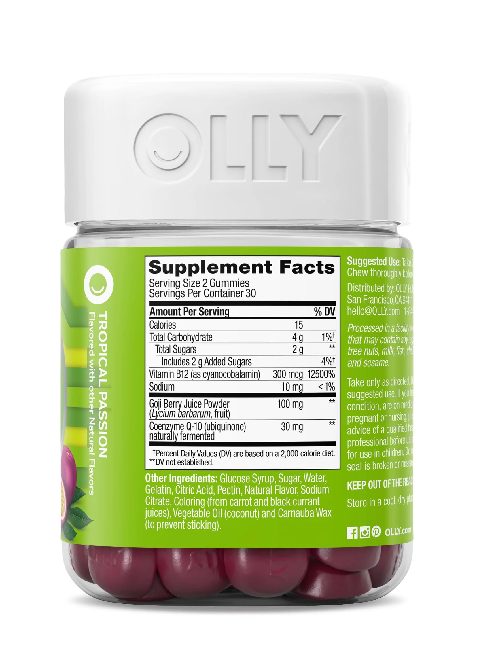 OLLY Daily Energy Gummy,Caffeine Free,Vitamin B12,CoQ10,Goji Berry,Adult Chewable Supplement,Tropical Flavor -,60 Count (Pack of 2) - Image 8