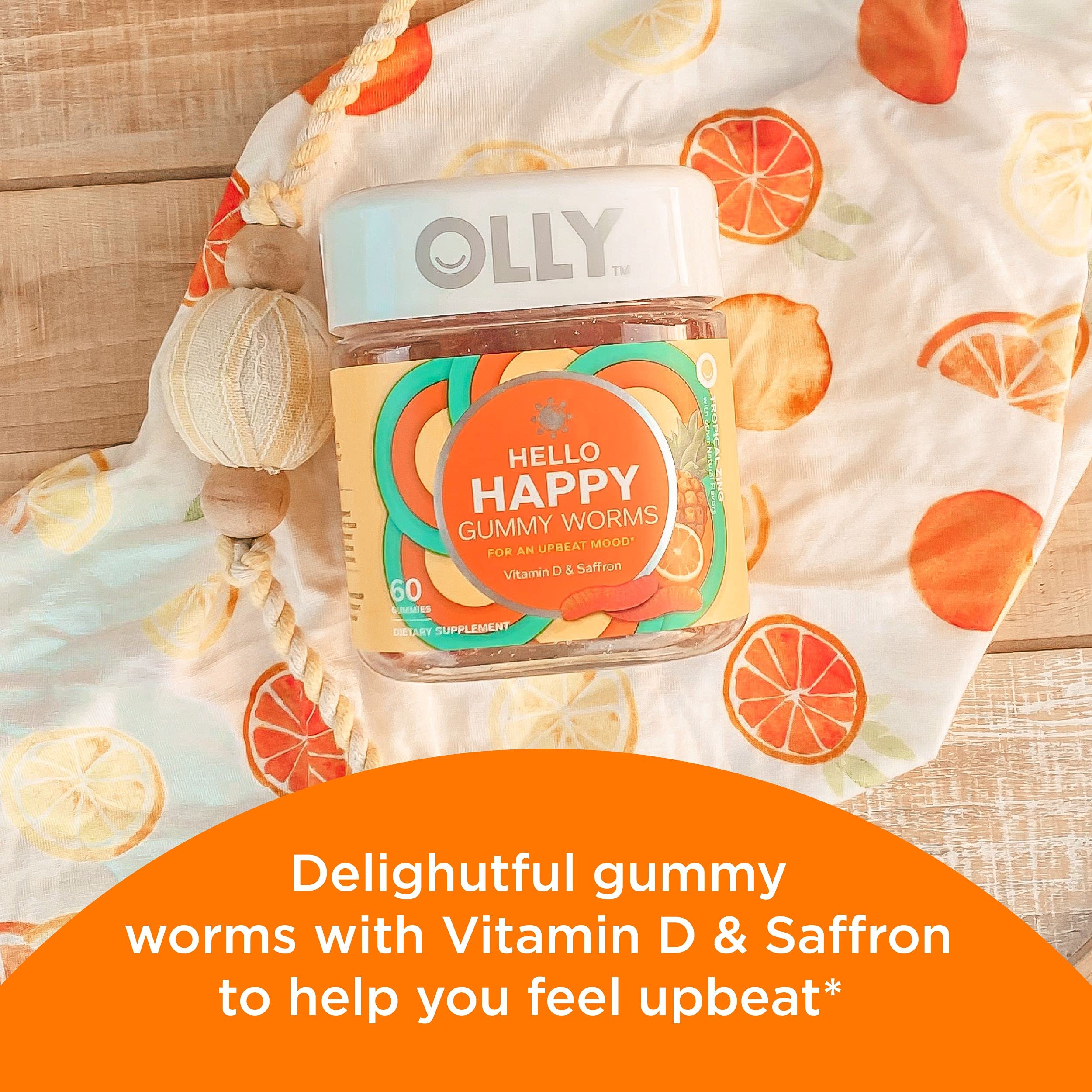 OLLY Hello Happy Gummy Worms, Mood Balance Support, Vitamin D, Saffron, Adult Chewable Supplement, Tropical Zing - 60 Count - Image 10