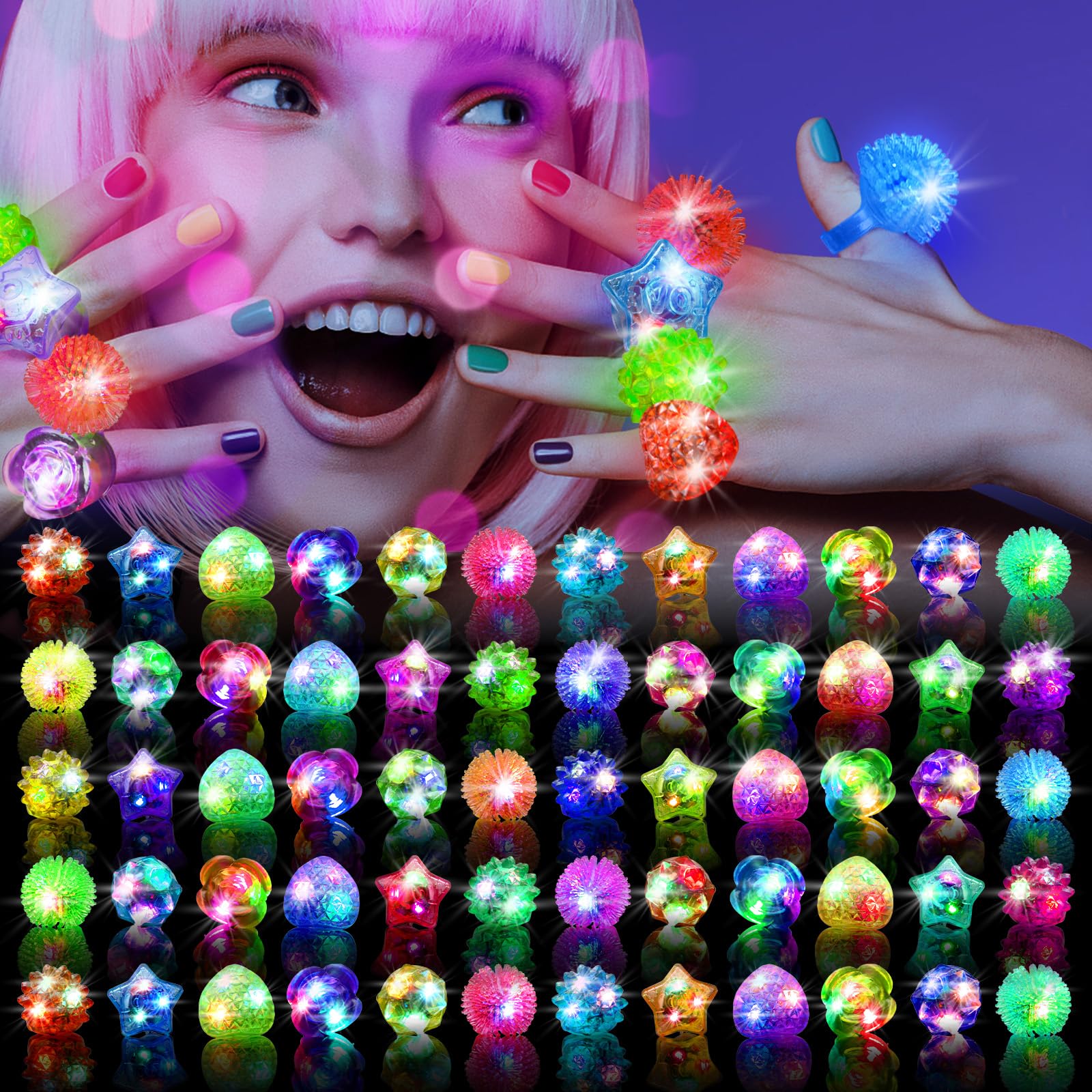OLUPP 100 Pcs Light Up Rings, Glow In The Dark Party Supplies, 6 Style Flashing Glow In The Dark Rings for Adults & Kids, LED Ring for Birthday Party Favors, Concert, Raves, Halloween, Christmas