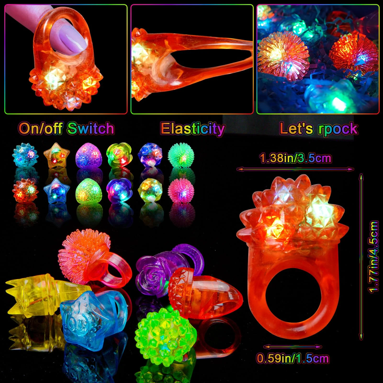 OLUPP 100 Pcs Light Up Rings, Glow In The Dark Party Supplies, 6 Style Flashing Glow In The Dark Rings for Adults & Kids, LED Ring for Birthday Party Favors, Concert, Raves, Halloween, Christmas - Image 2