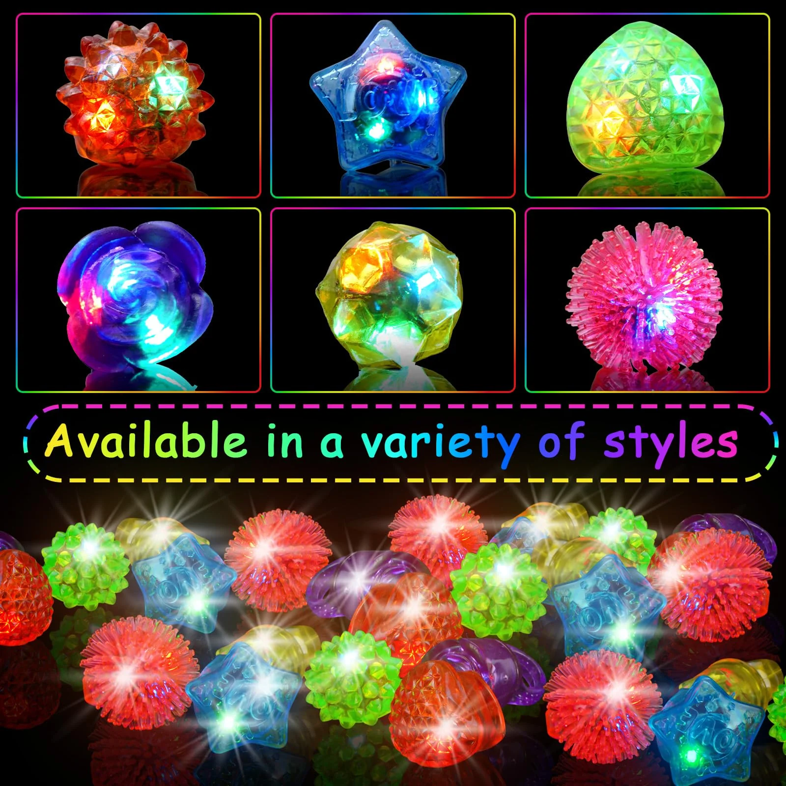OLUPP 100 Pcs Light Up Rings, Glow In The Dark Party Supplies, 6 Style Flashing Glow In The Dark Rings for Adults & Kids, LED Ring for Birthday Party Favors, Concert, Raves, Halloween, Christmas - Image 3
