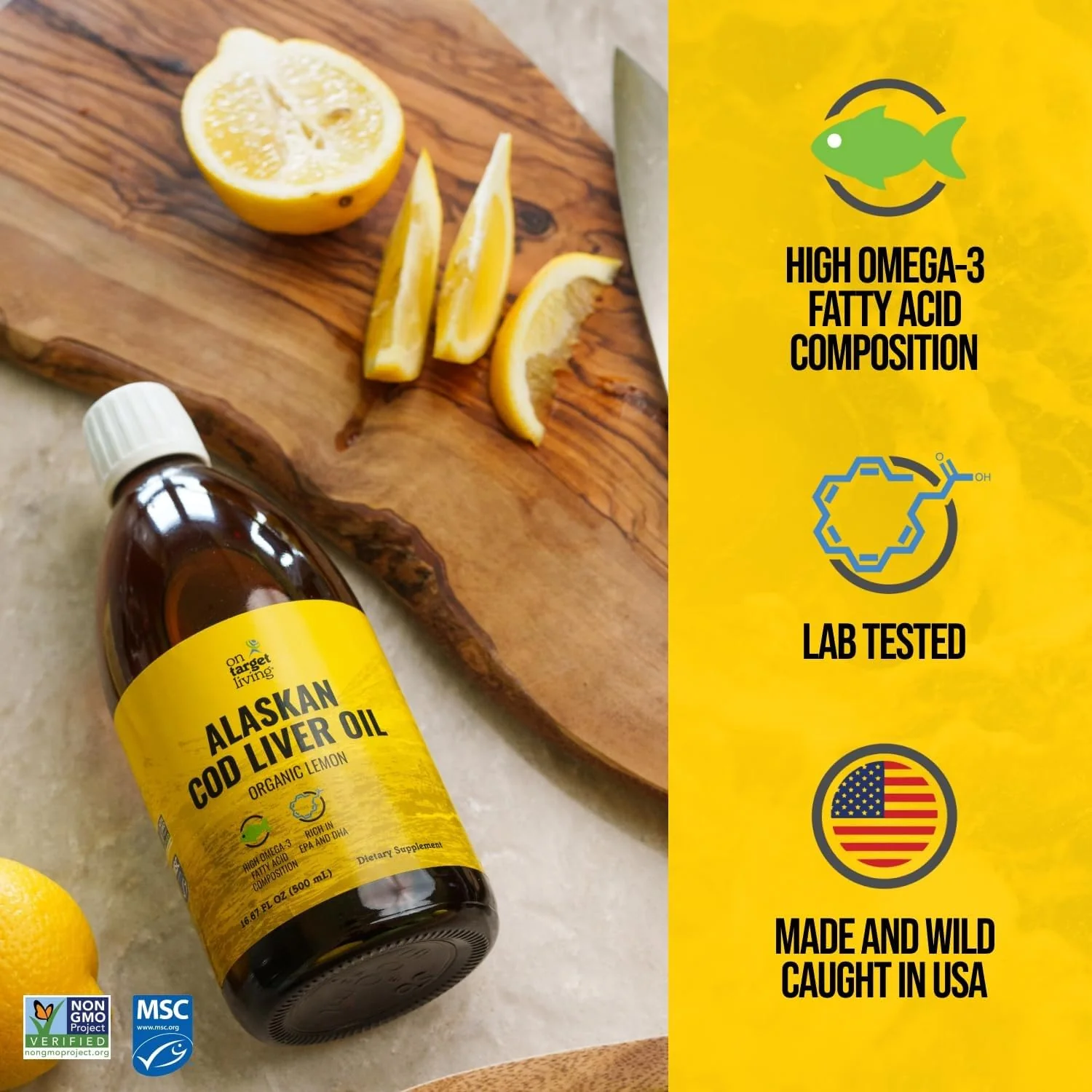On Target Living Alaskan Cod Liver Oil Organic Lemon Flavor 16.67 oz (2-Pack) | Line Caught in The USA | Naturally Occurring Vitamin D | Rich in Omega 3 DHA/EPA | Non-GMO Project Certified - Image 6