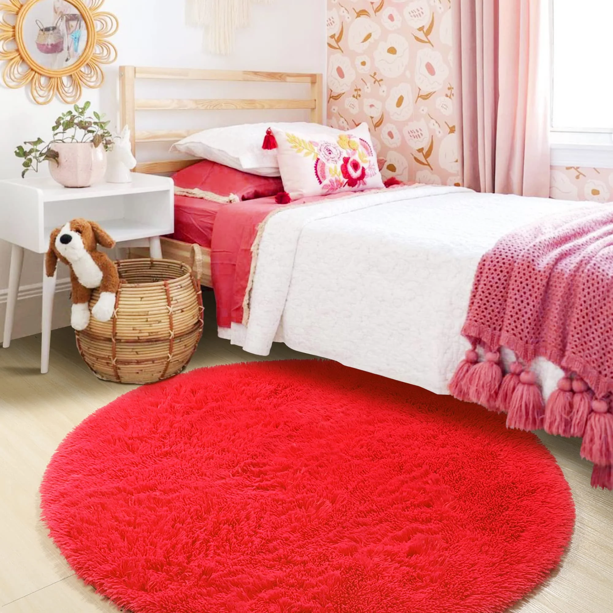 ONASAR Red Round Area Rug 4x4, Soft Bedroom Circle Rugs Floor Mat for Kids Girls Teen Room, Kawaii Fluffy Plush Shaggy Carpet for Nursery Living Room Playroom Christmas Home Decor Princess Castle - Image 2