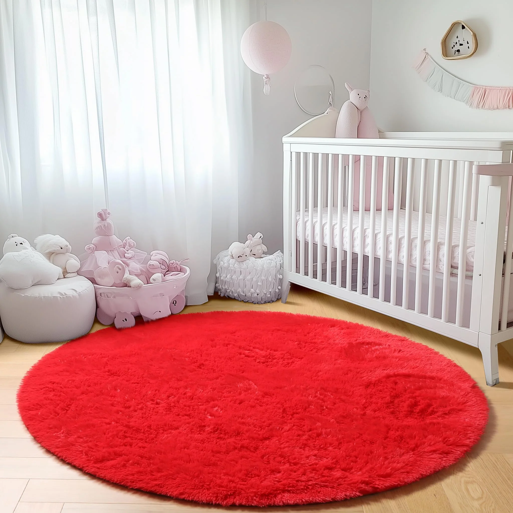 ONASAR Red Round Area Rug 4x4, Soft Bedroom Circle Rugs Floor Mat for Kids Girls Teen Room, Kawaii Fluffy Plush Shaggy Carpet for Nursery Living Room Playroom Christmas Home Decor Princess Castle - Image 3