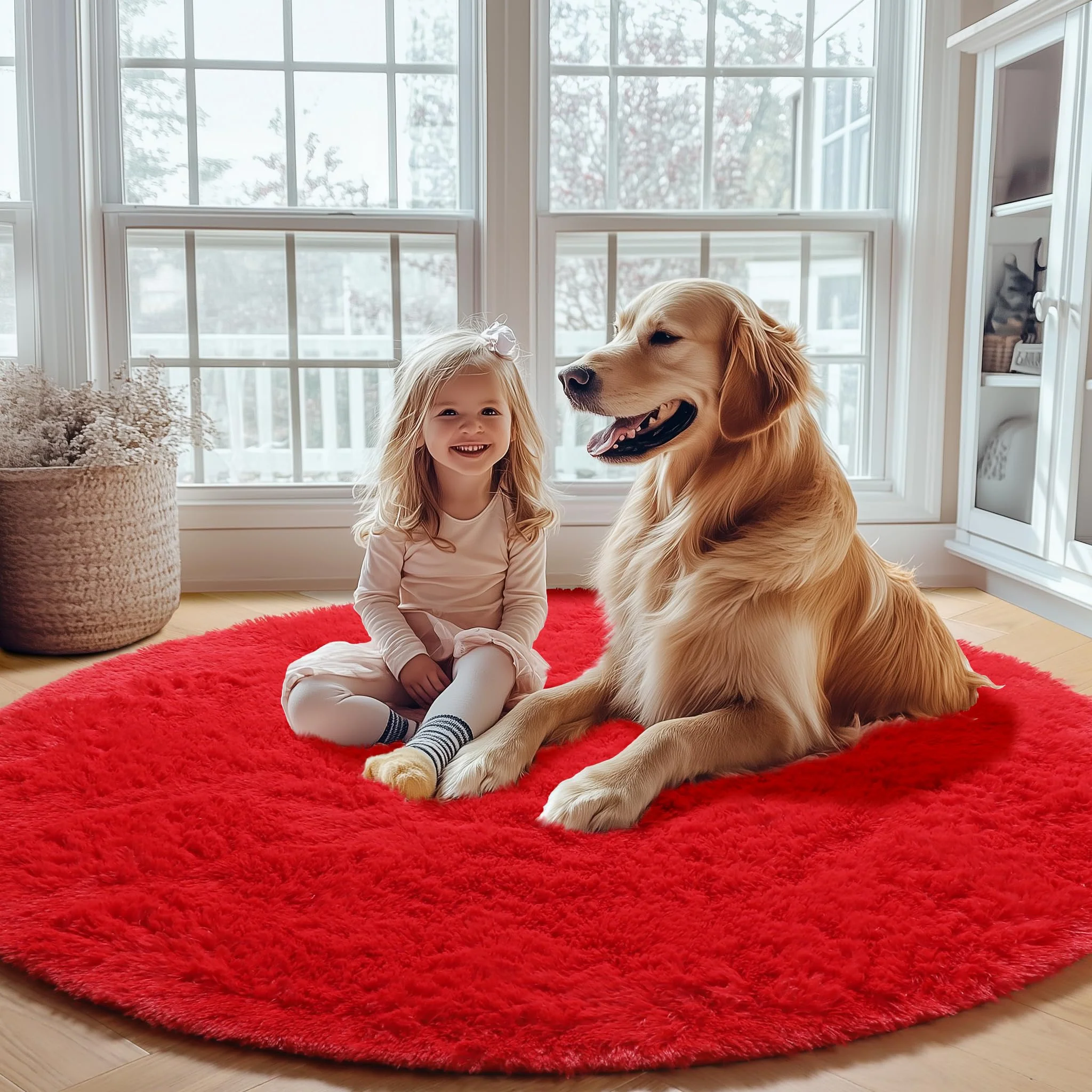 ONASAR Red Round Area Rug 4x4, Soft Bedroom Circle Rugs Floor Mat for Kids Girls Teen Room, Kawaii Fluffy Plush Shaggy Carpet for Nursery Living Room Playroom Christmas Home Decor Princess Castle - Image 4