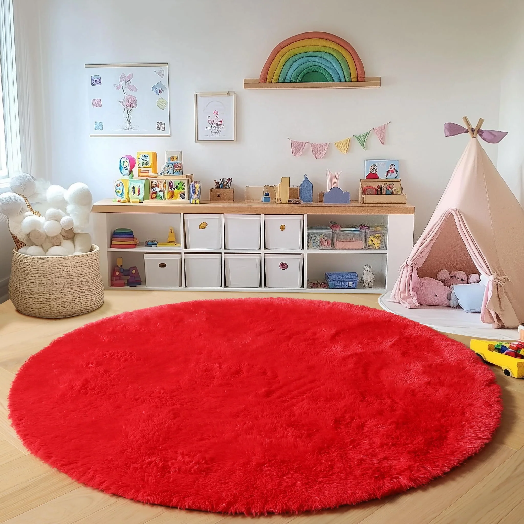 ONASAR Red Round Area Rug 4x4, Soft Bedroom Circle Rugs Floor Mat for Kids Girls Teen Room, Kawaii Fluffy Plush Shaggy Carpet for Nursery Living Room Playroom Christmas Home Decor Princess Castle - Image 6