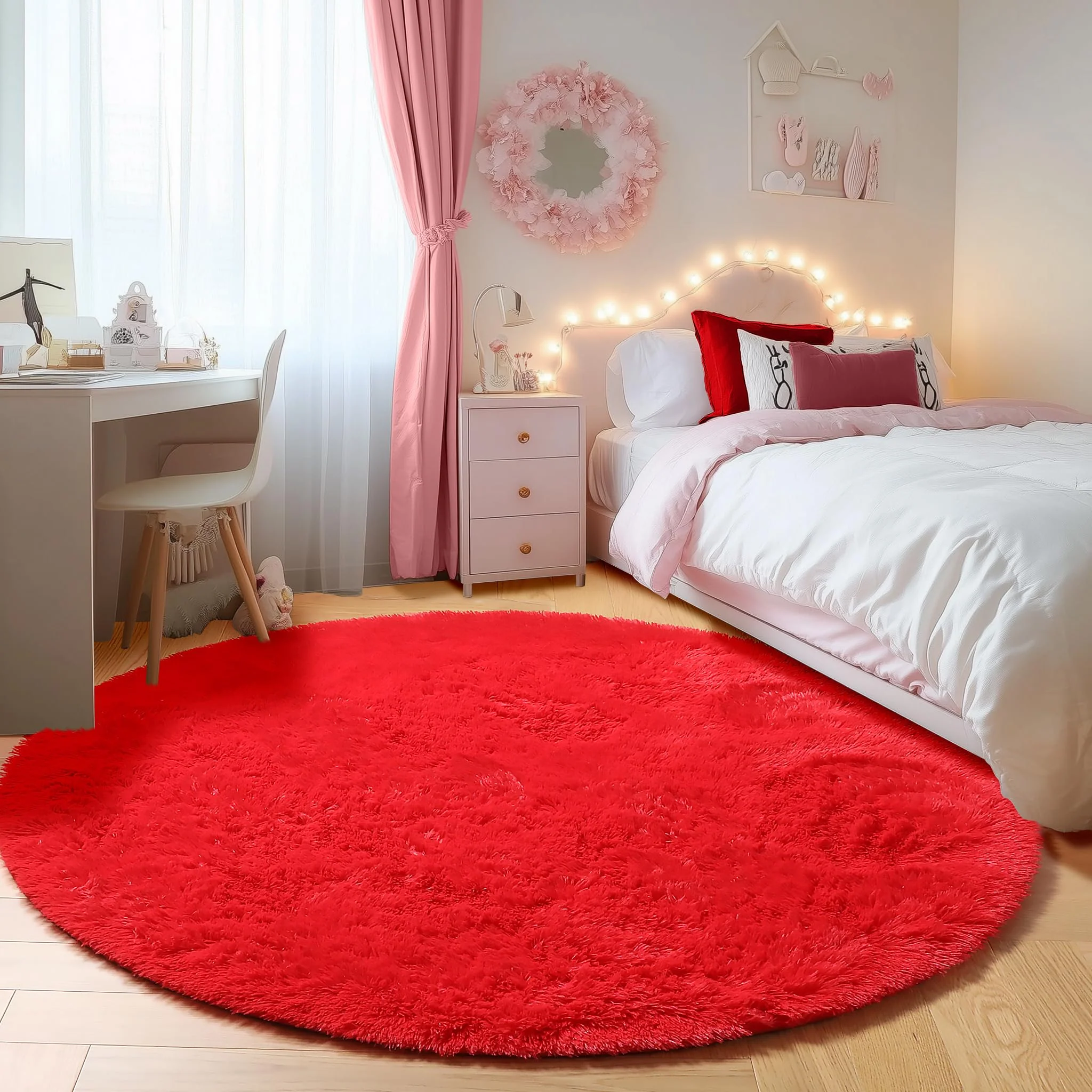 ONASAR Red Round Area Rug 4x4, Soft Bedroom Circle Rugs Floor Mat for Kids Girls Teen Room, Kawaii Fluffy Plush Shaggy Carpet for Nursery Living Room Playroom Christmas Home Decor Princess Castle - Image 7