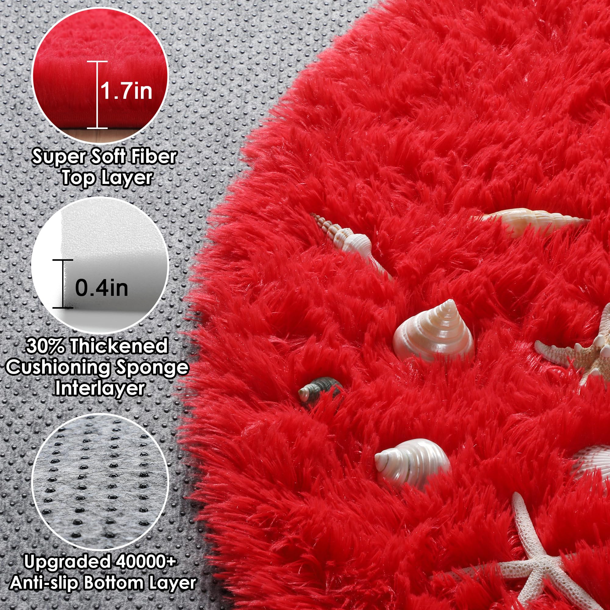 ONASAR Red Round Area Rug 4x4, Soft Bedroom Circle Rugs Floor Mat for Kids Girls Teen Room, Kawaii Fluffy Plush Shaggy Carpet for Nursery Living Room Playroom Christmas Home Decor Princess Castle - Image 9