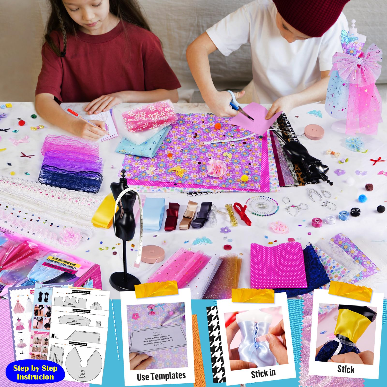 ONE TO FOUR 800+Pcs Fashion Designer Kits for Girls with 6 Mannequins - Girls Fashion Design Craft Kit, Sewing Kit for Kid 8-12, Birthday Christmas Gifts for Teens Girl 6 7 8 9 10 11 12 - Image 3