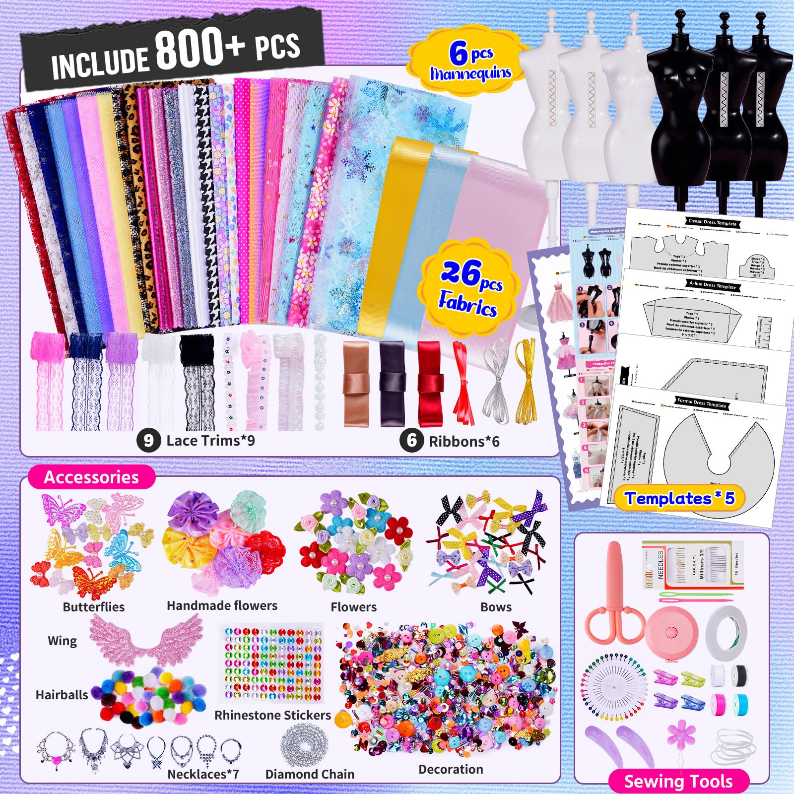 ONE TO FOUR 800+Pcs Fashion Designer Kits for Girls with 6 Mannequins - Girls Fashion Design Craft Kit, Sewing Kit for Kid 8-12, Birthday Christmas Gifts for Teens Girl 6 7 8 9 10 11 12 - Image 6