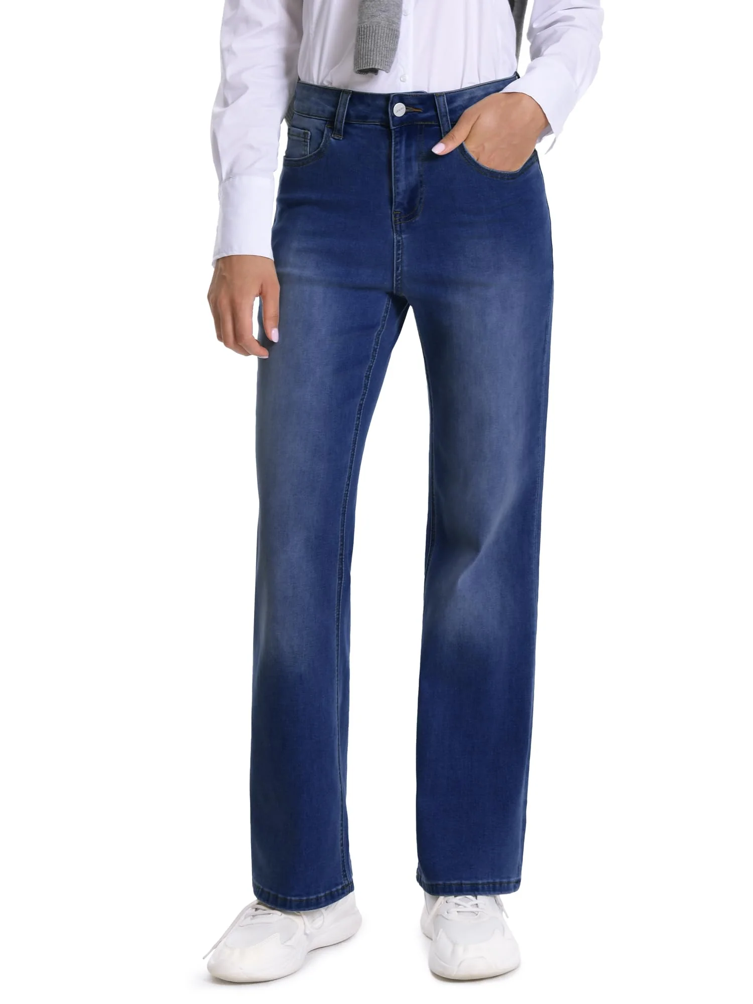 ONESO Womens Jeans Straight Leg Mid Waist Wide Leg Loose Stretchy Spring Trendy Jeans for Women Denim Pants Dark Blue Size S/Size 4-6