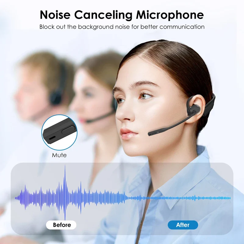 Open Ear Headphones with Mic, Bluetooth Headset with Microphone, Dual Connect Bluetooth 5.3 Headset with AI Noise Cancelling Mic & Mute Function, Wireless Headset for Work, Sports, Drive(Dark Black) - Image 2