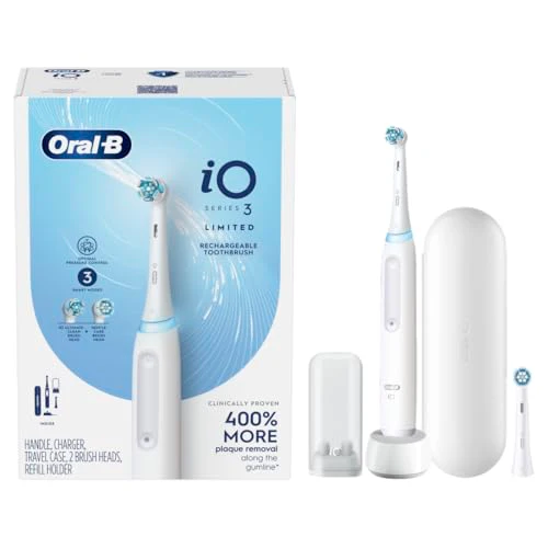 Oral-B iO Deep Clean Rechargeable Electric Powered Toothbrush, White with iO Series 3 Limited, 2 Brush Heads and Travel Case - Pressure Sensor to Protect Gums - 3 Cleaning Settings - 2 Minute Timer - Image 2