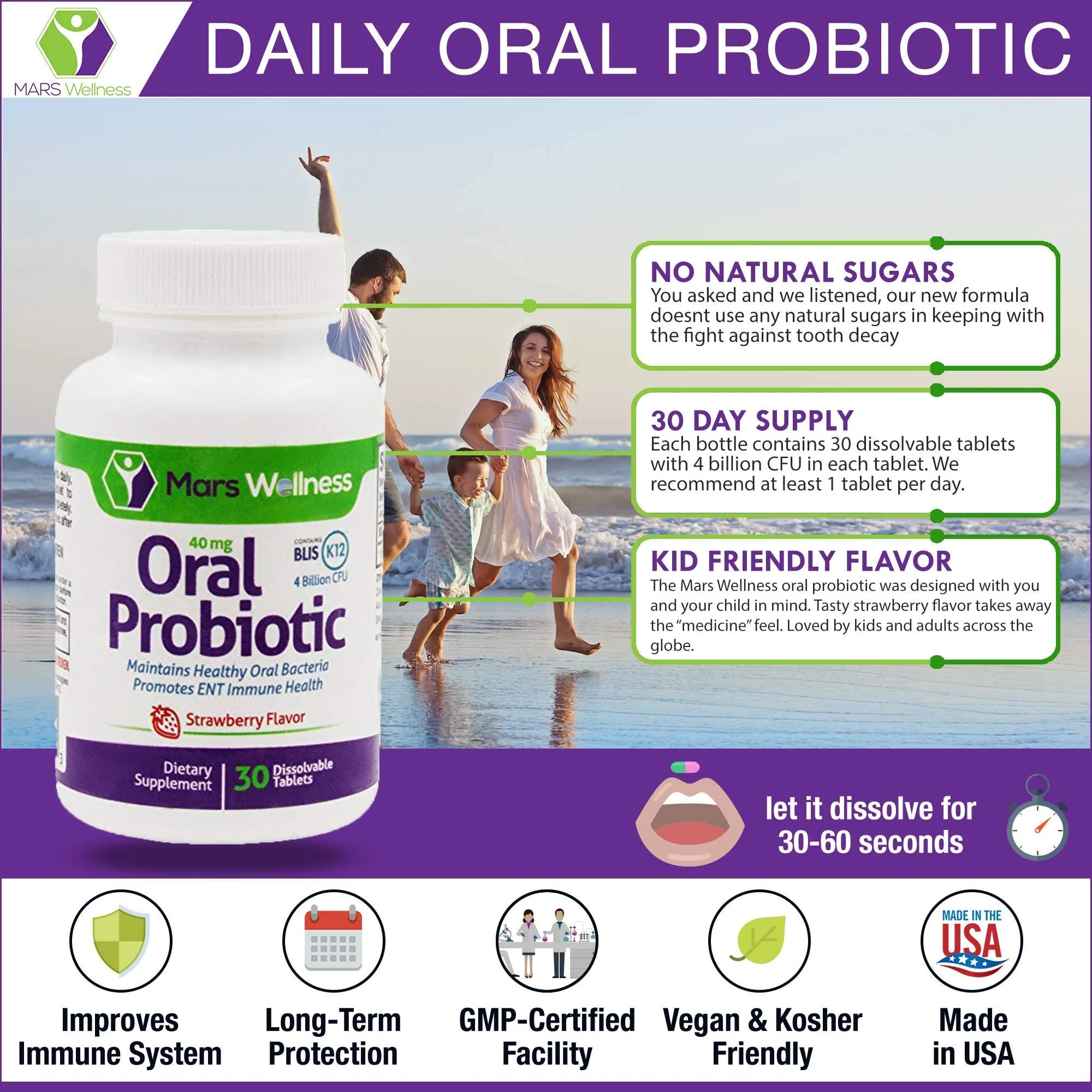 Oral Probiotic Supplement with BLIS K12 4 Billion CFU - Now Dairy Free 60 Day Supply Bottle for Bad Breath, Strep, Cavities, Gum Oral and Dental Health - Sugar Free - USA Made - 60 Count - Image 4