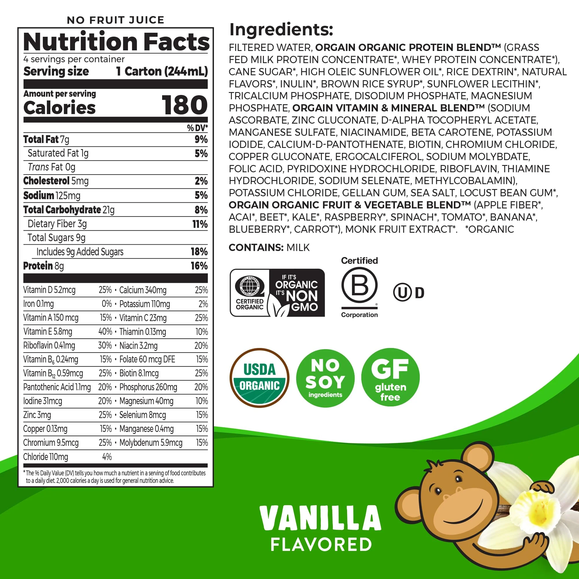 Orgain Organic Kids Protein Nutritional Shake, Vanilla - 8g of Protein, 22 Vitamins & Minerals, Fruits & Vegetables, Gluten Free, Soy Free, Non-GMO, 8.25 Oz, 12 Ct (Packaging May Vary) - Image 8