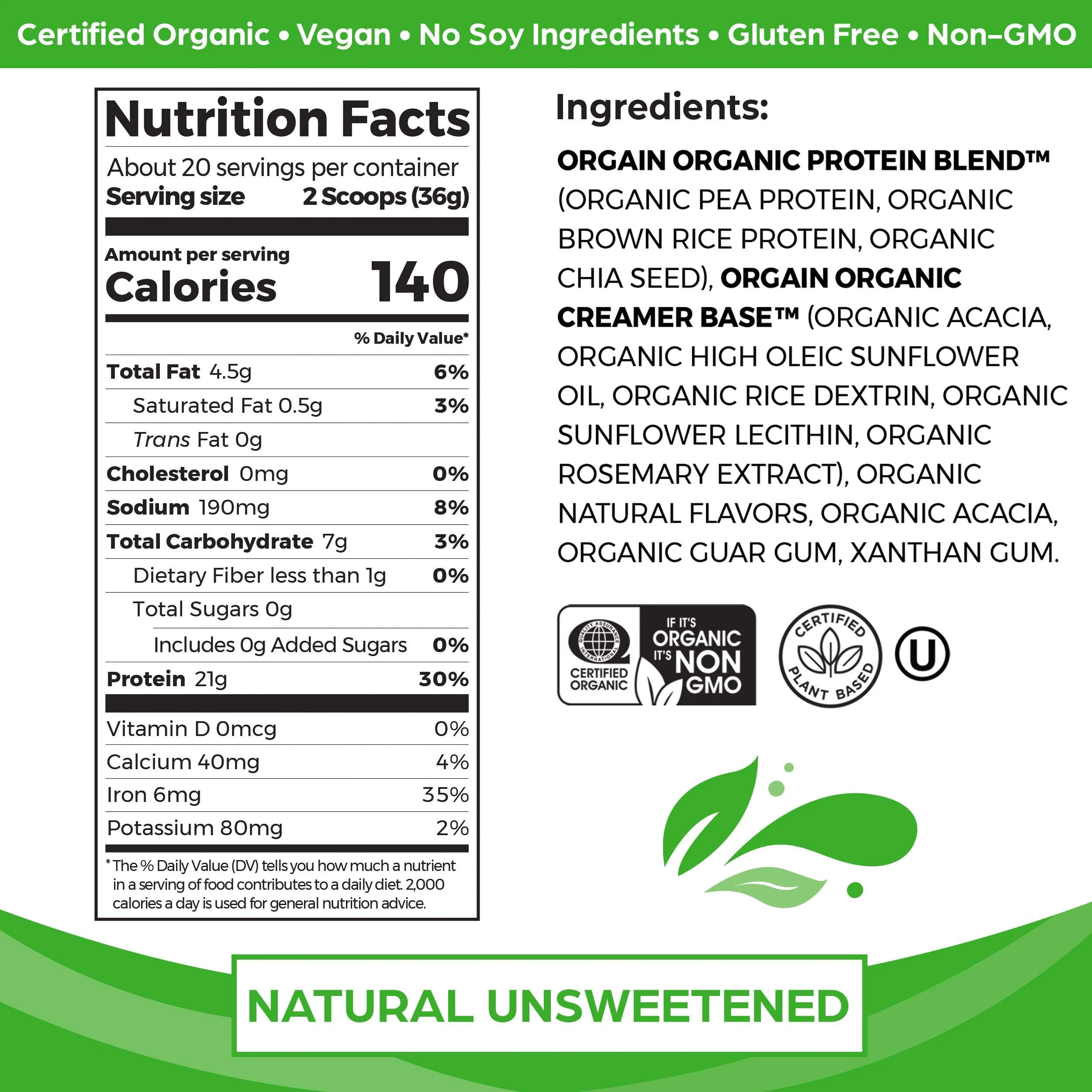 Orgain Organic Unflavored Vegan Protein Powder, Natural Unsweetened - 21g of Plant Based Protein, Non Dairy, Gluten Free, No Sugar Added, Soy Free, Non-GMO, 1.59 lb (Packaging May Vary) - Image 7