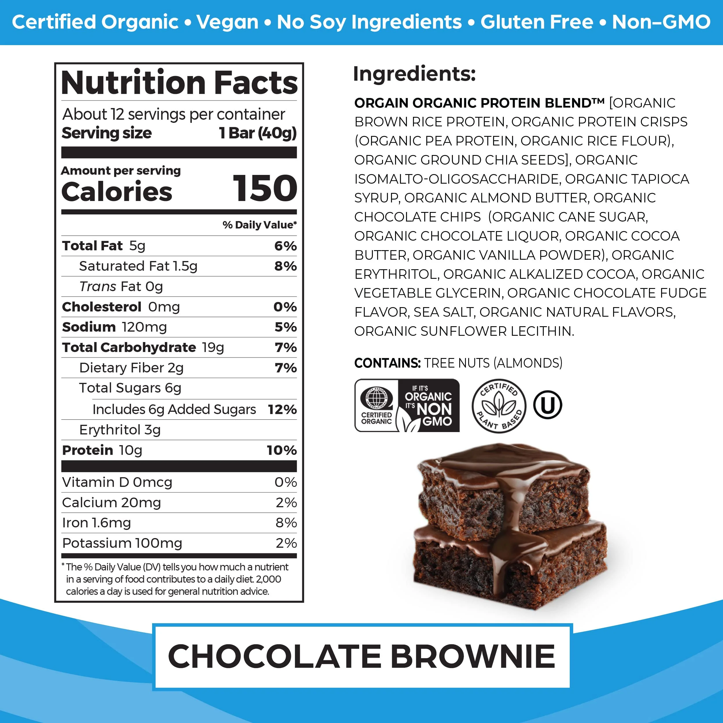 Orgain Organic Vegan Protein Bars, Chocolate Brownie - 10g Plant Based Protein, Low Calorie Healthy Snacks, No Lactose or Soy Ingredients, Gluten Free, Non-GMO - 1.41 Oz (Pack of 12) - Image 7