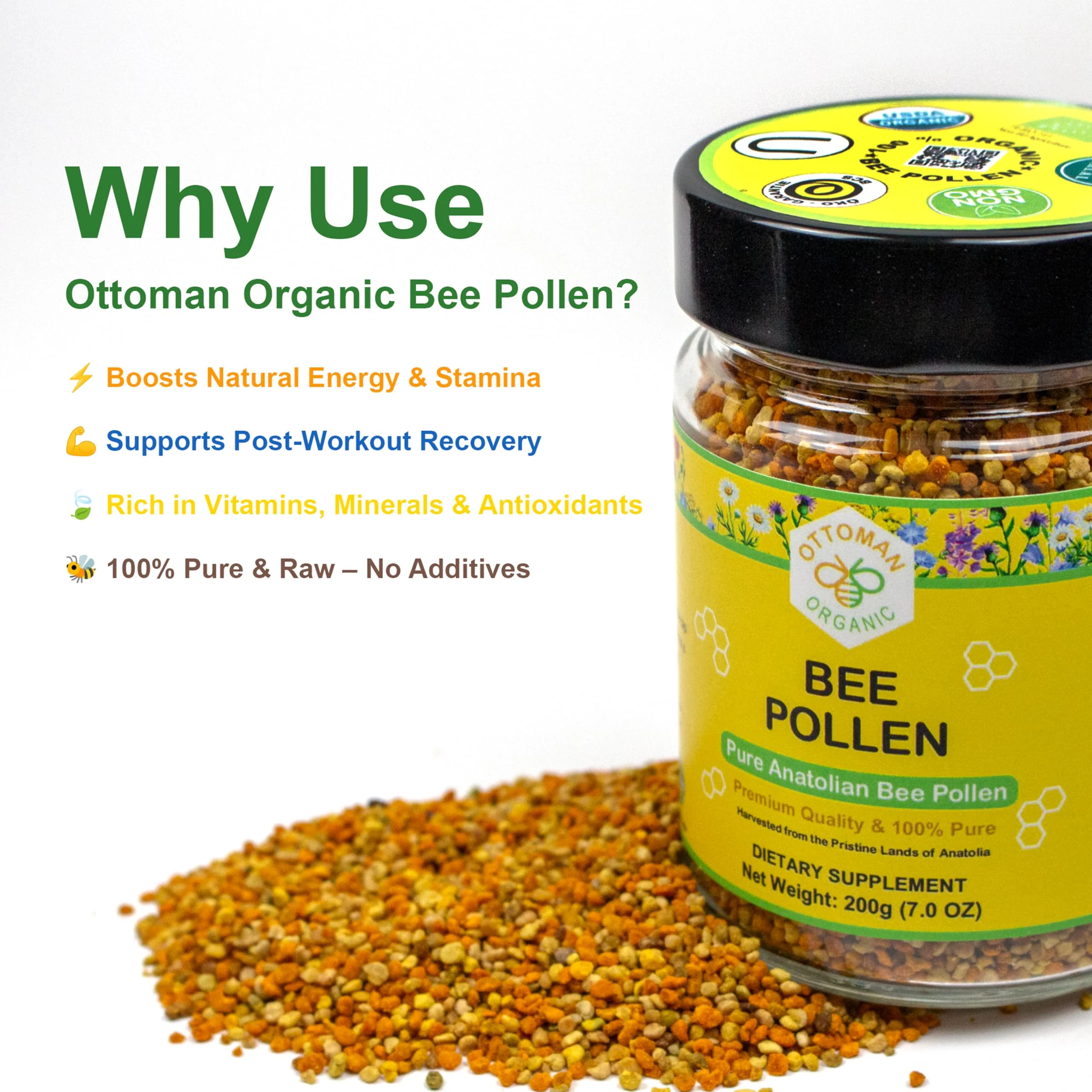 Organic Bee Pollen - USDA & EU Organic Certified, Halal, ISO 22000 & GMP | 100% Pure Superfood for Immune Support, Rich in Vitamins & Minerals | Non-GMO, Additive-Free | 200g (7.05 oz) - Image 6