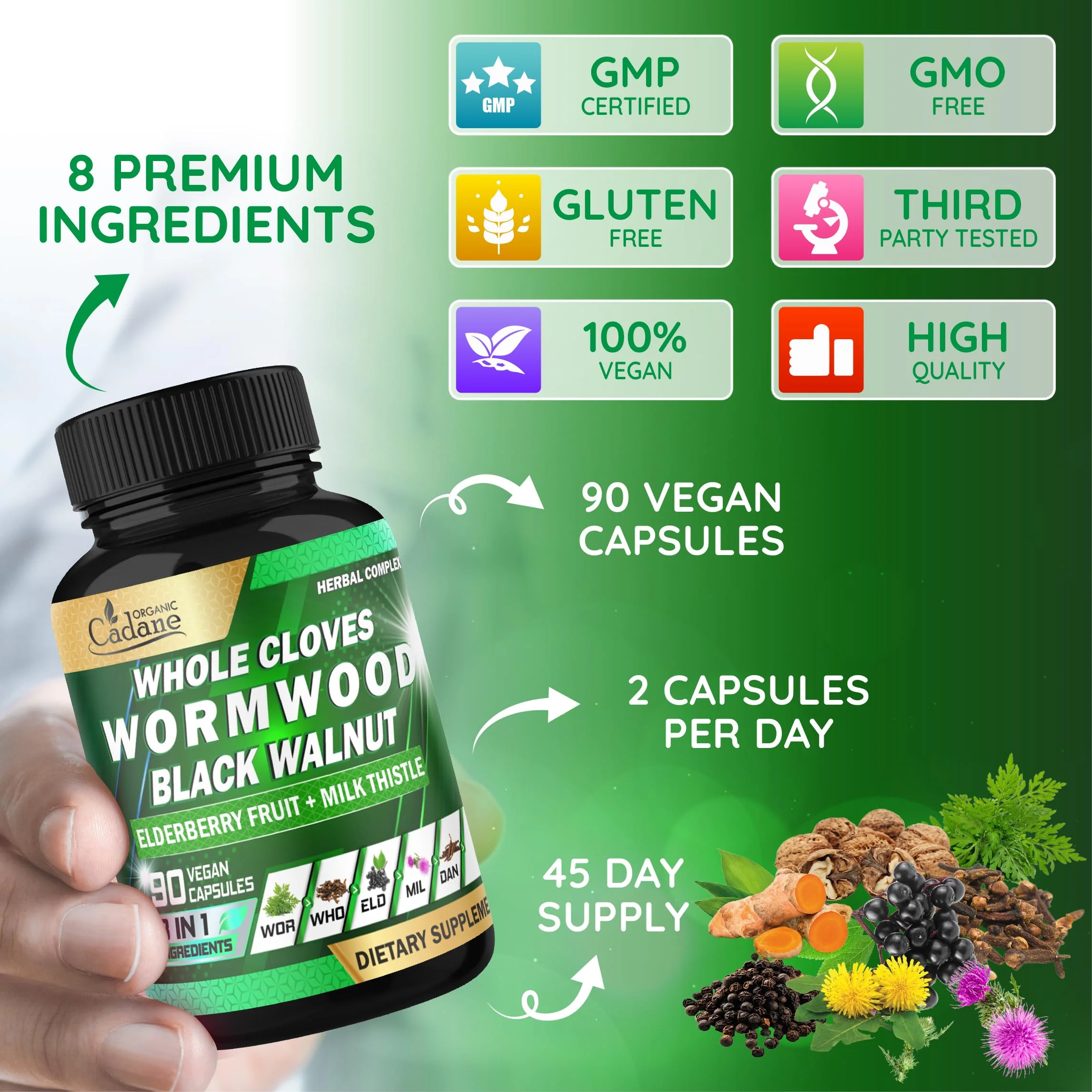Organic Cadane Wormwood, Whole Cloves & Black Walnut Blend with Elderberry & Milk Thistle – Botanical Herbal Formula – Non-GMO, Vegan – 90 Capsules (45-Day Supply) - Image 6
