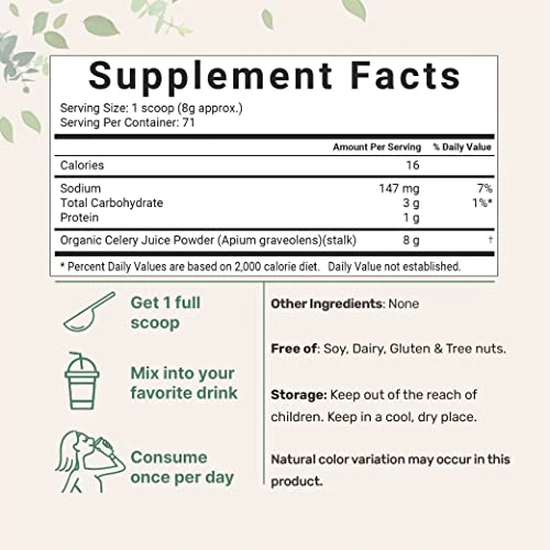 Organic Celery Juice Powder, 20 Ounce (1.25 Pound), 71 Serving, Celery Detox and Cold Pressed, Boosts Immune System, Energy and Supports Gut Health, Rich in Immune Vitamin C and Minerals, Vegan - Image 6