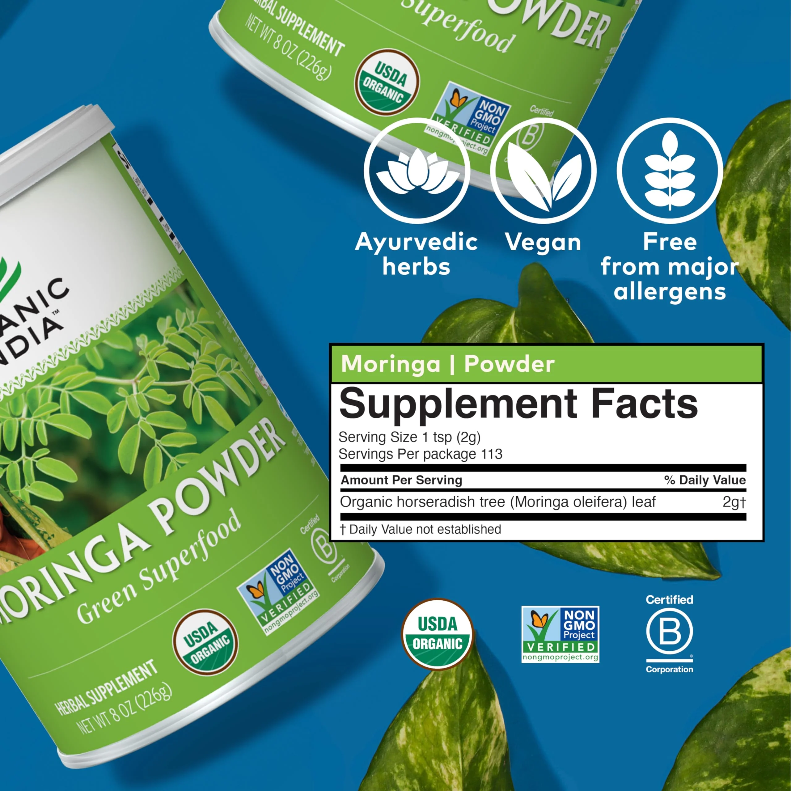 ORGANIC INDIA Moringa Powder - Moringa Oleifera Leaf Herbal Supplement, Green Superfood, Nutrient Dense, Pure Plant Protein, Vitamin A, E, K, Iron, Calcium, Fiber, Vegan, USDA Certified Organic - 8 oz - Image 2