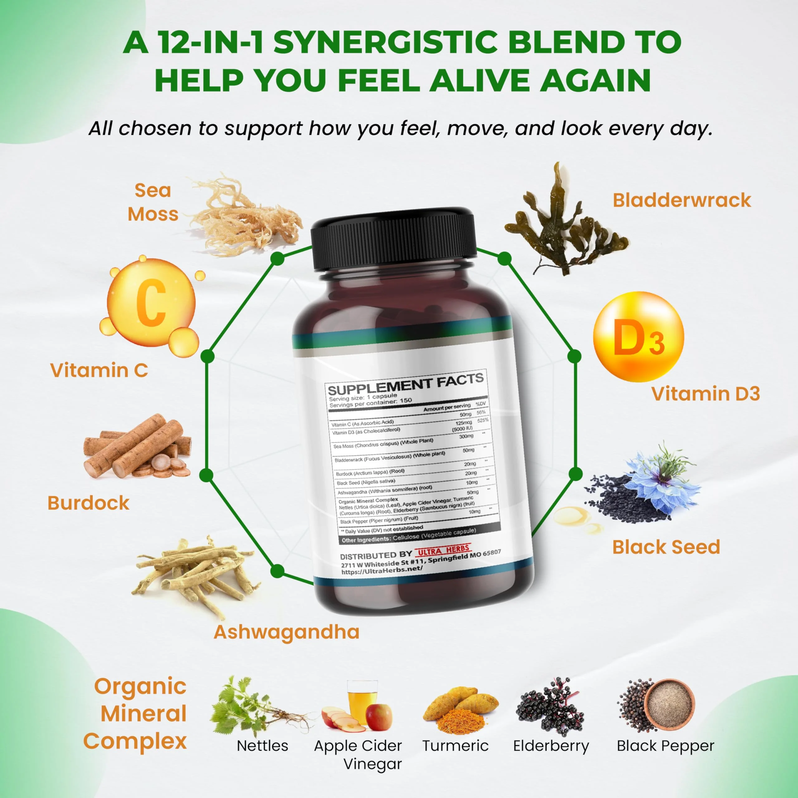 Organic Sea Moss Capsules with Black Seed Oil, Ashwagandha, Burdock Root, Bladderwrack for Immune System, Gut, Skin & Energy *USA Made & Tested* (150 Count (Pack of 1)) - Image 7