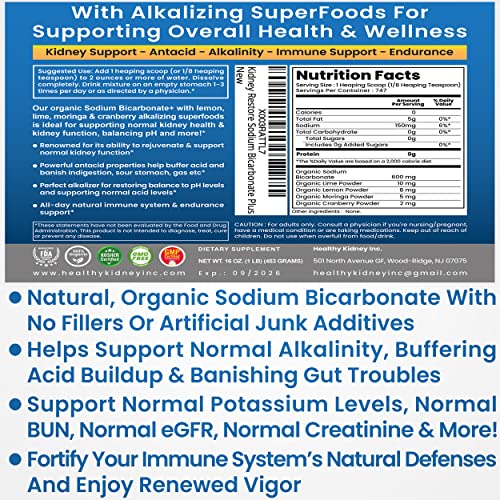 Organic Sodium Bicarbonate Alkaline Supplement For Alkalinity. Support Kidneys & Stomach Acid Neutralizer with Alkaline Superfoods. Sodium Bicarbonate Powder Kidney Immune Support Antacid Sports 1 LB. - Image 3
