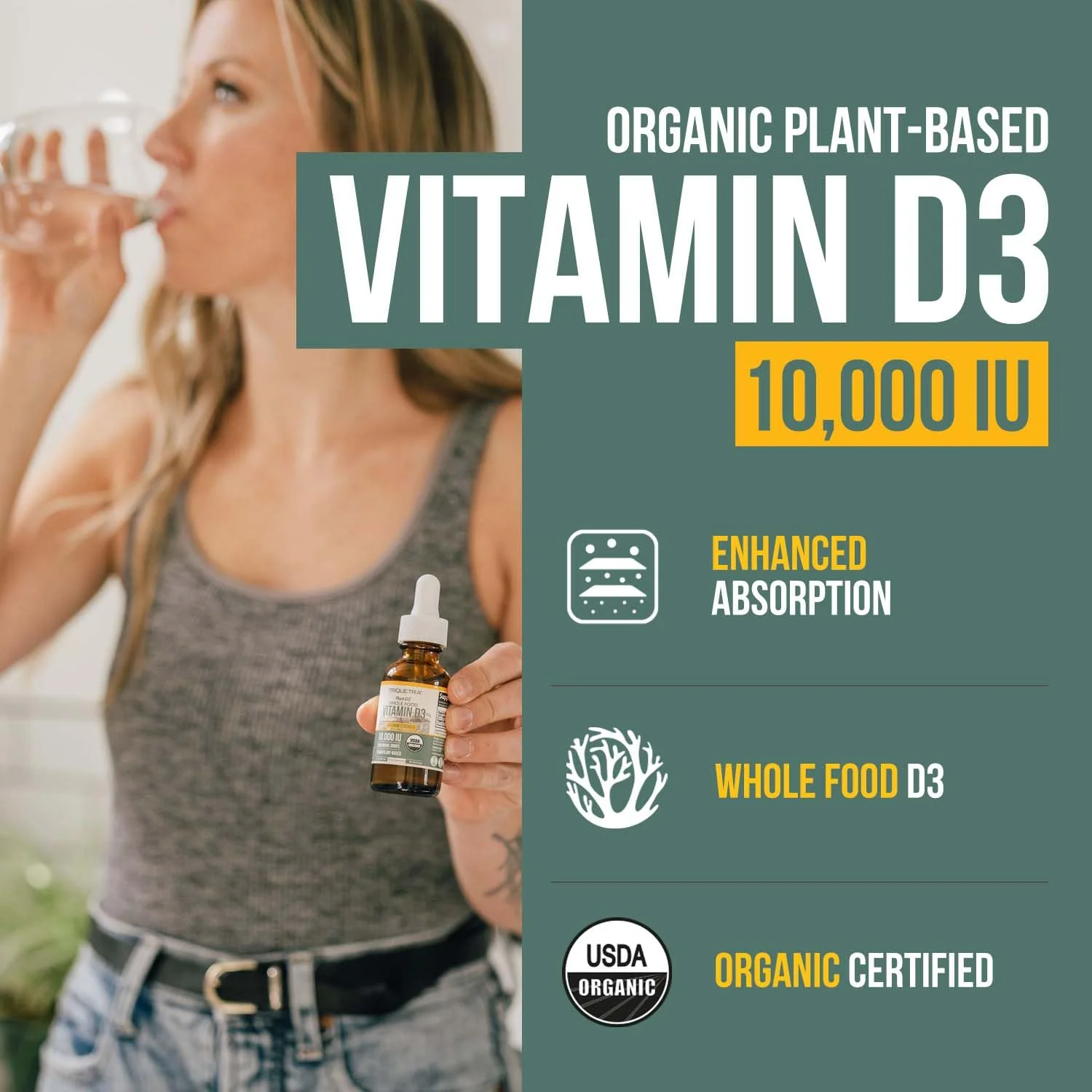 Organic Vitamin D3 10,000 IU - Plant D3, Vegan, Max Strength Sublingual Liquid D3 Drops - 200% Higher Absorption, 100% Plant-Based Cholecalciferol Form & Vegan D3, Adjustable Dosing (30 Servings) - Image 7