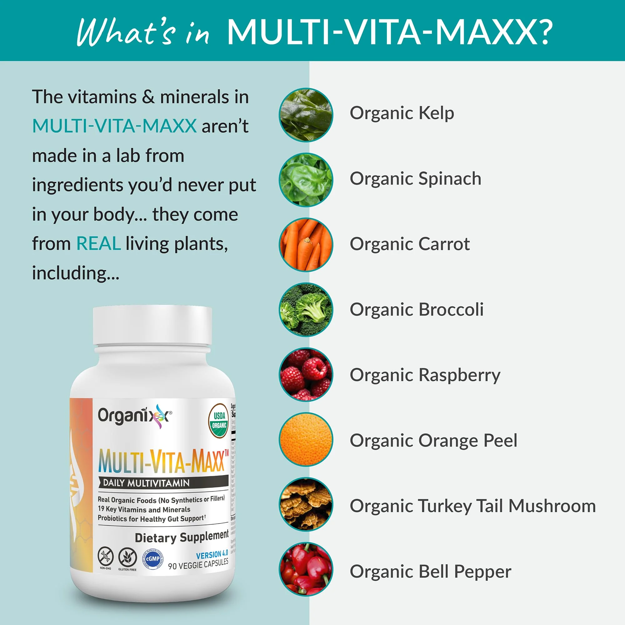Organixx Vegan Multivitamin for Women & Men, with Vitamin C, D3, Vitamin B Complex, Probiotics, Organic Fruits and Vegetables, Supports Digestive, Gut Health, Immune Support, 90 Gel Capsules - Image 7