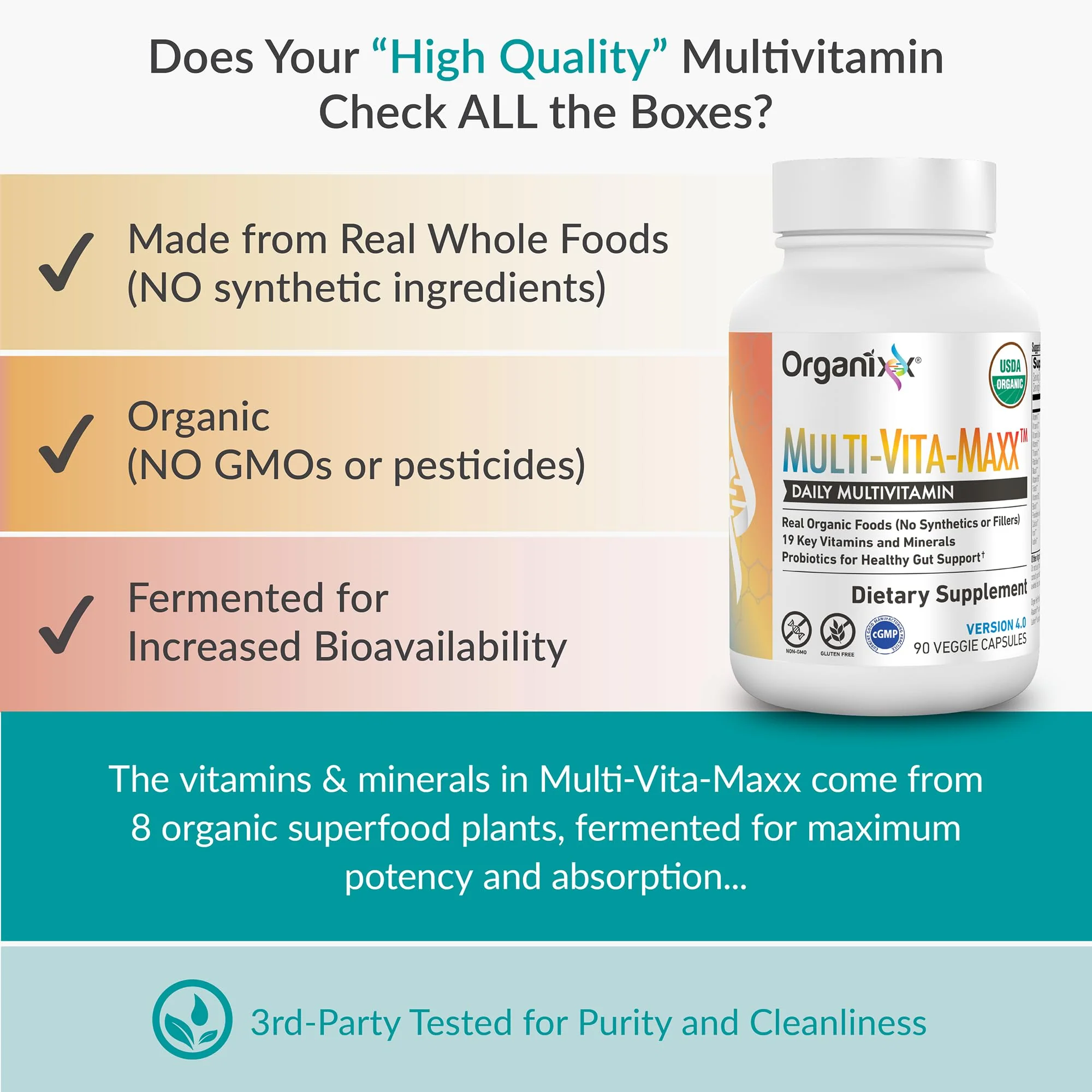 Organixx Vegan Multivitamin for Women & Men, with Vitamin C, D3, Vitamin B Complex, Probiotics, Organic Fruits and Vegetables, Supports Digestive, Gut Health, Immune Support, 90 Gel Capsules - Image 8