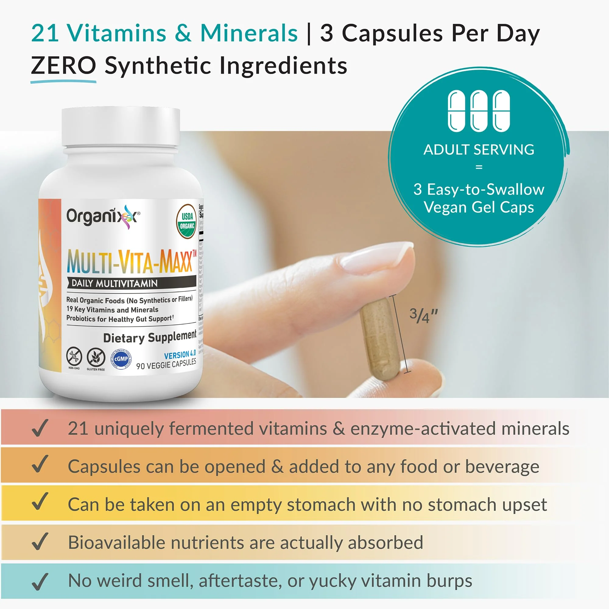 Organixx Vegan Multivitamin for Women & Men, with Vitamin C, D3, Vitamin B Complex, Probiotics, Organic Fruits and Vegetables, Supports Digestive, Gut Health, Immune Support, 90 Gel Capsules - Image 9
