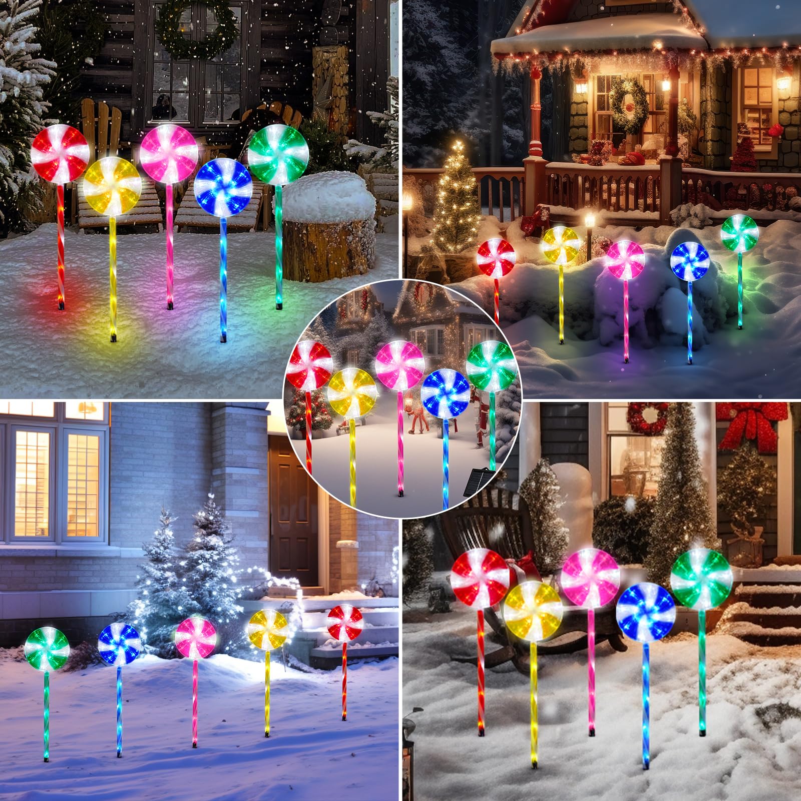 Outdoor Christmas Decorations Solar Pathway Lights, Set of 5 Lollipops Peppermint Stake Lights, 8 Modes Candy Cane Walkside Lights, Outdoor Xmas Decoration for Walkway,Yard - Image 2