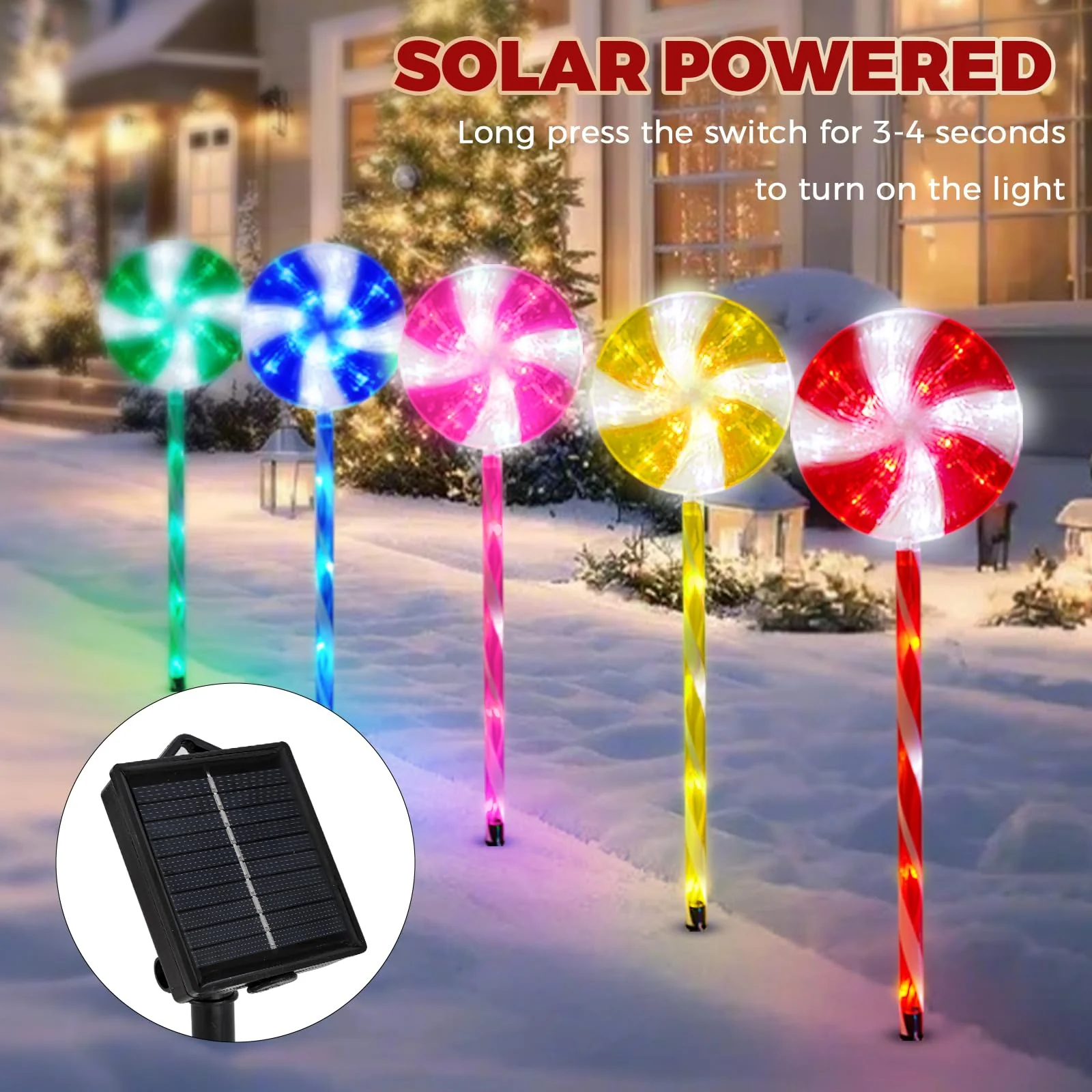 Outdoor Christmas Decorations Solar Pathway Lights, Set of 5 Lollipops Peppermint Stake Lights, 8 Modes Candy Cane Walkside Lights, Outdoor Xmas Decoration for Walkway,Yard - Image 3