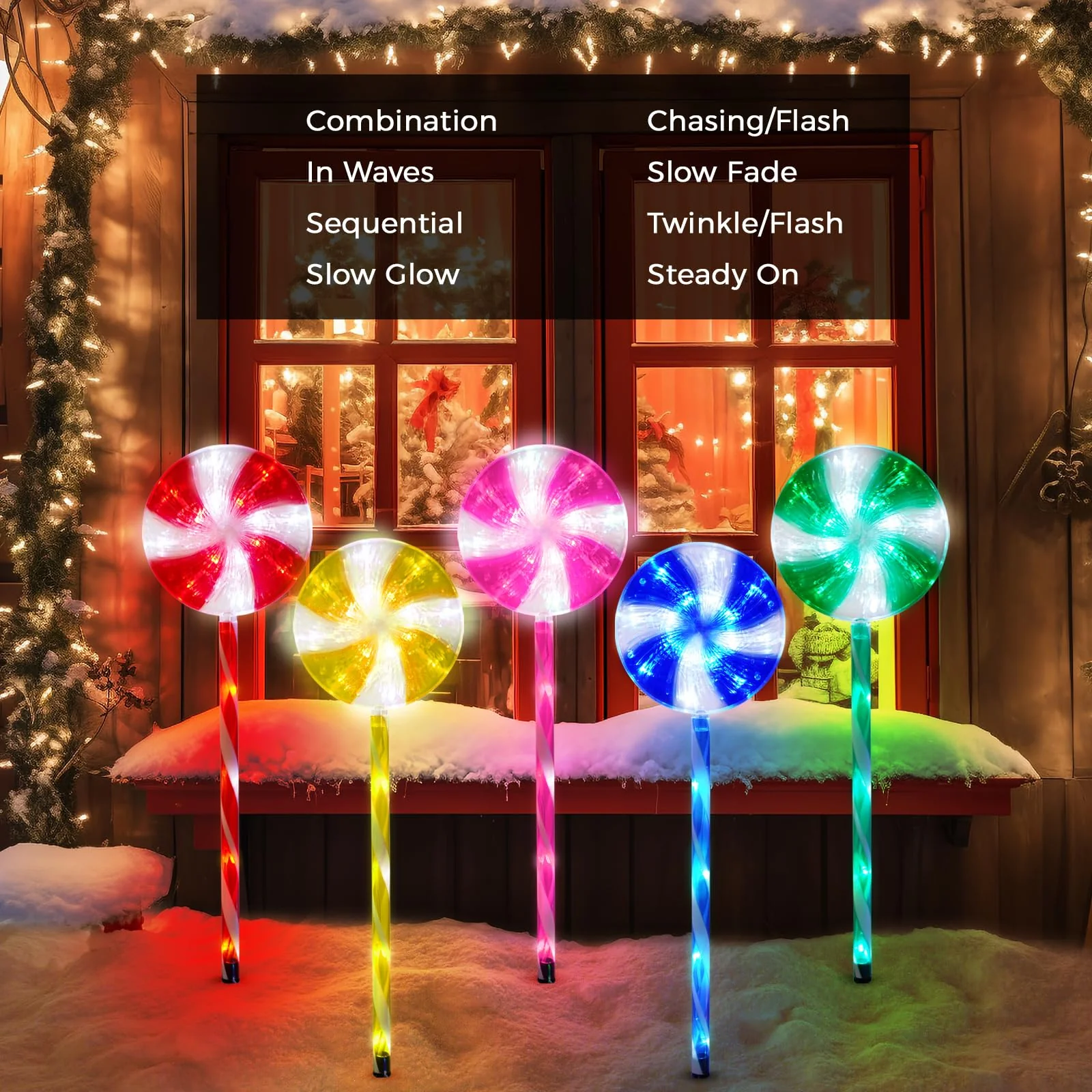 Outdoor Christmas Decorations Solar Pathway Lights, Set of 5 Lollipops Peppermint Stake Lights, 8 Modes Candy Cane Walkside Lights, Outdoor Xmas Decoration for Walkway,Yard - Image 4