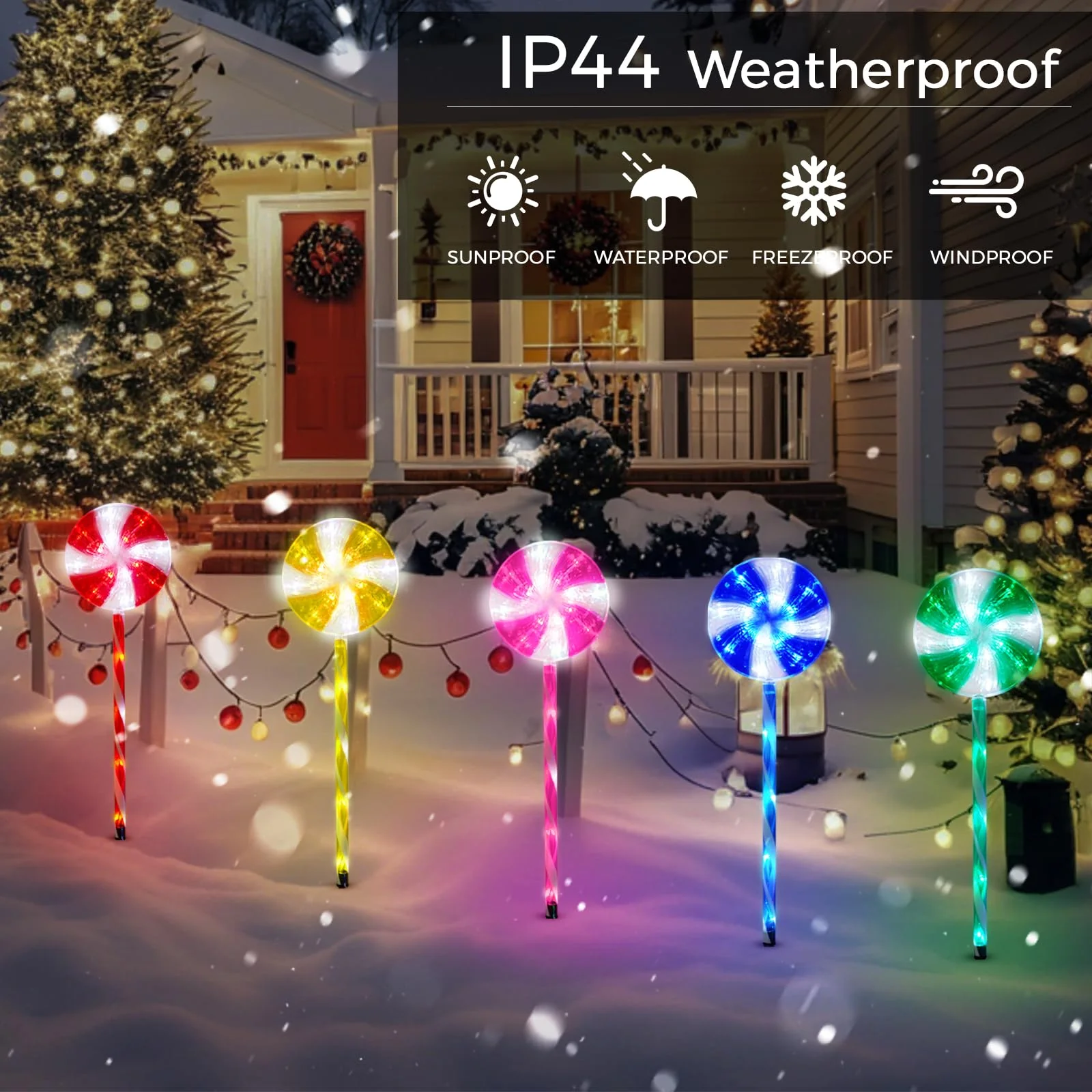 Outdoor Christmas Decorations Solar Pathway Lights, Set of 5 Lollipops Peppermint Stake Lights, 8 Modes Candy Cane Walkside Lights, Outdoor Xmas Decoration for Walkway,Yard - Image 5