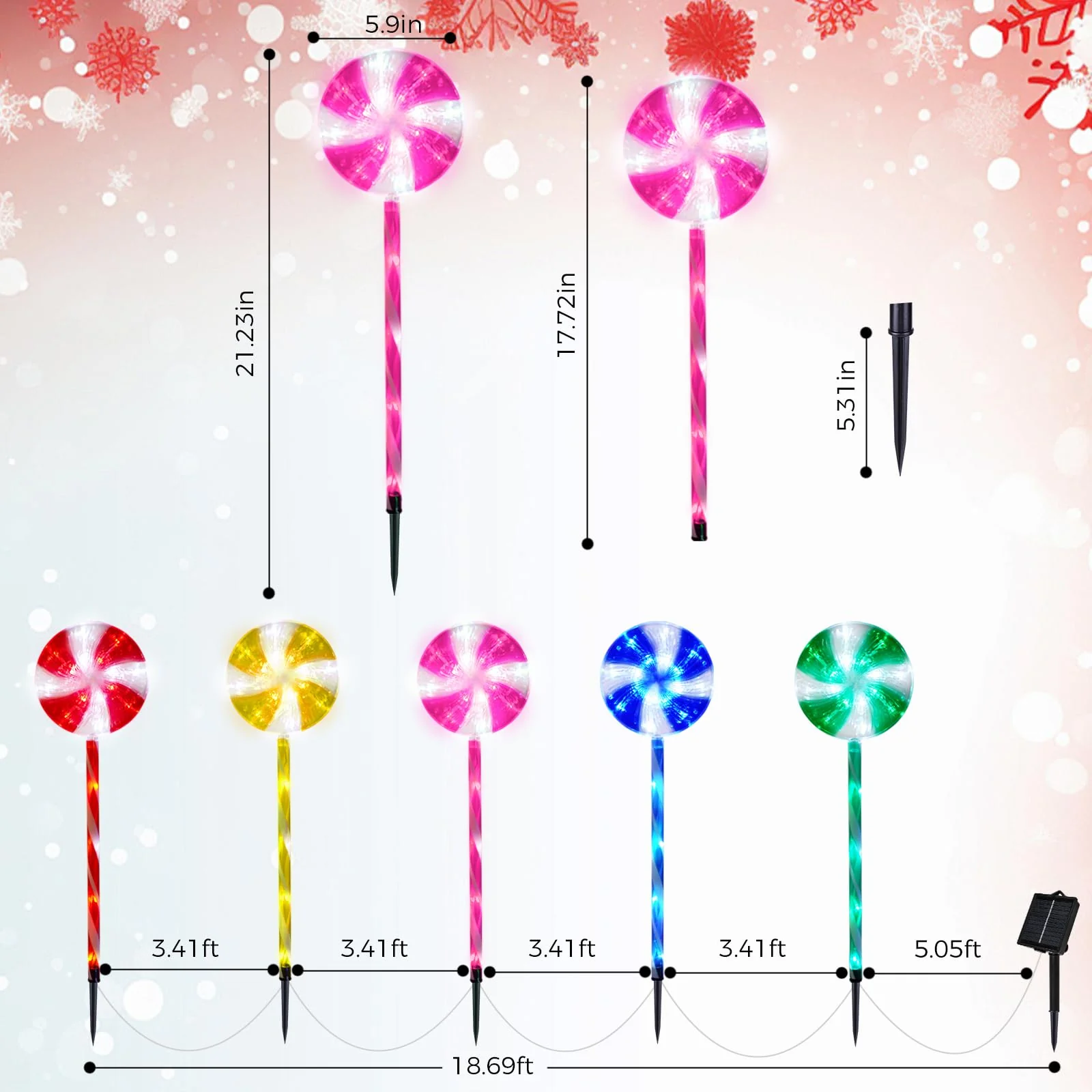 Outdoor Christmas Decorations Solar Pathway Lights, Set of 5 Lollipops Peppermint Stake Lights, 8 Modes Candy Cane Walkside Lights, Outdoor Xmas Decoration for Walkway,Yard - Image 6