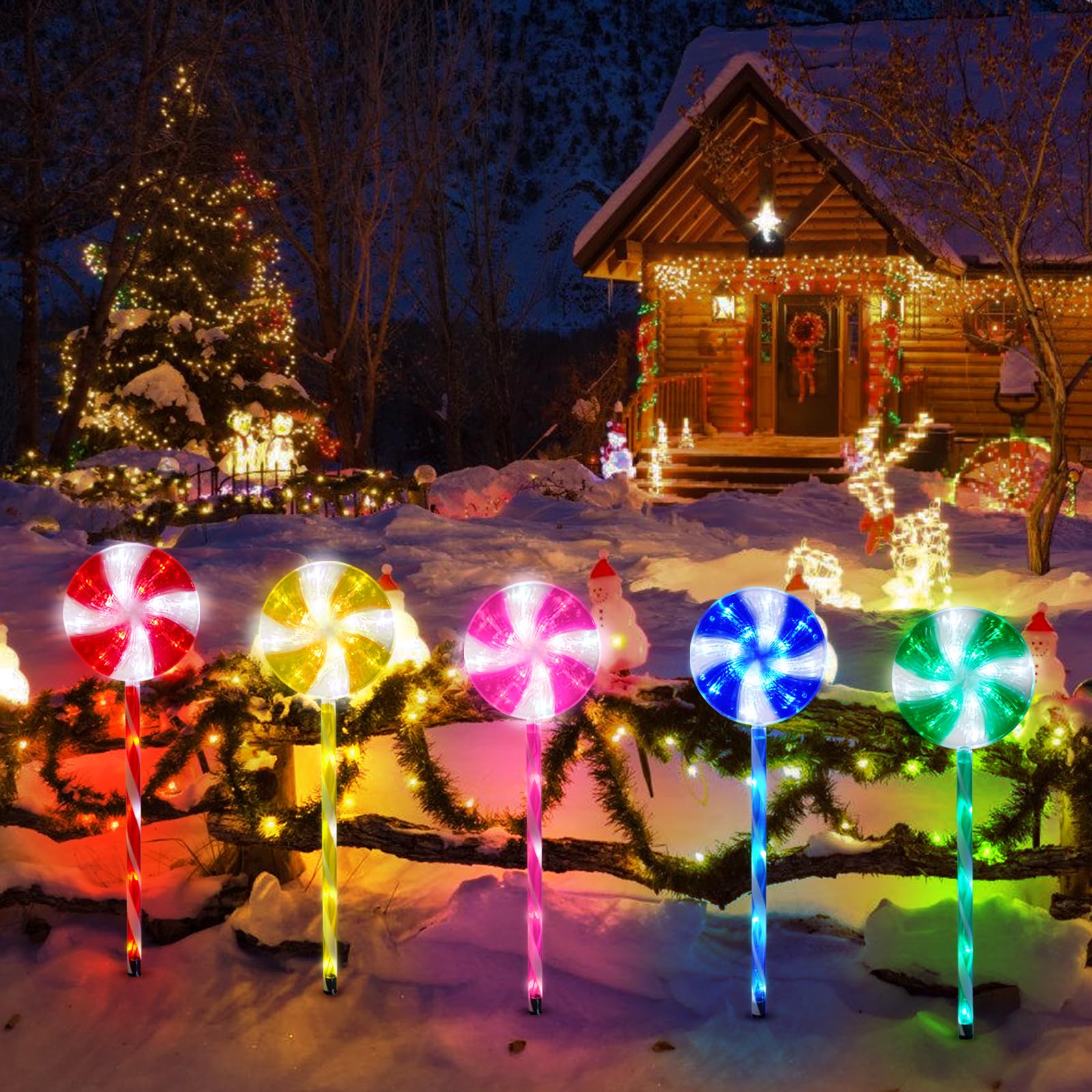 Outdoor Christmas Decorations Solar Pathway Lights, Set of 5 Lollipops Peppermint Stake Lights, 8 Modes Candy Cane Walkside Lights, Outdoor Xmas Decoration for Walkway,Yard - Image 7
