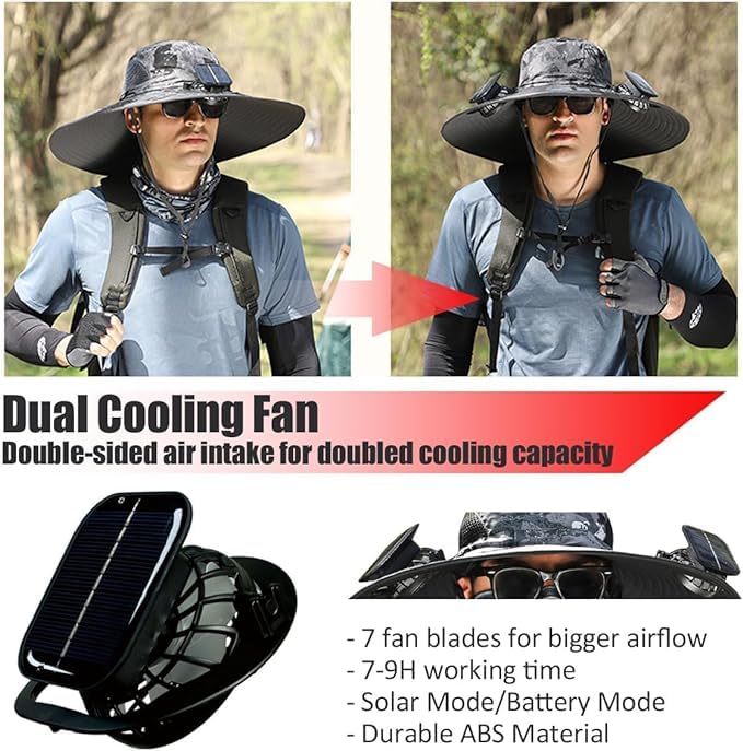 Outdoor Wide Brim Sun Hat with 2 Solar Fan Sun Bucket Hat for Men Women UPF 50+ Bucket Fishing & Beach Hat with Fan Built in (US, Alpha, Medium, XX-Large, Black) - Image 6