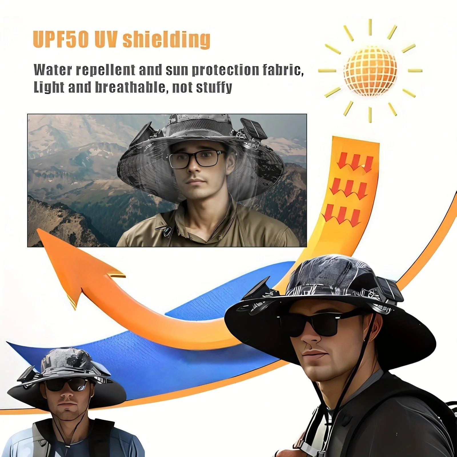 Outdoor Wide Brim Sun Hat with 2 Solar Fan Sun Bucket Hat for Men Women UPF 50+ Bucket Fishing & Beach Hat with Fan Built in(Gray) - Image 4