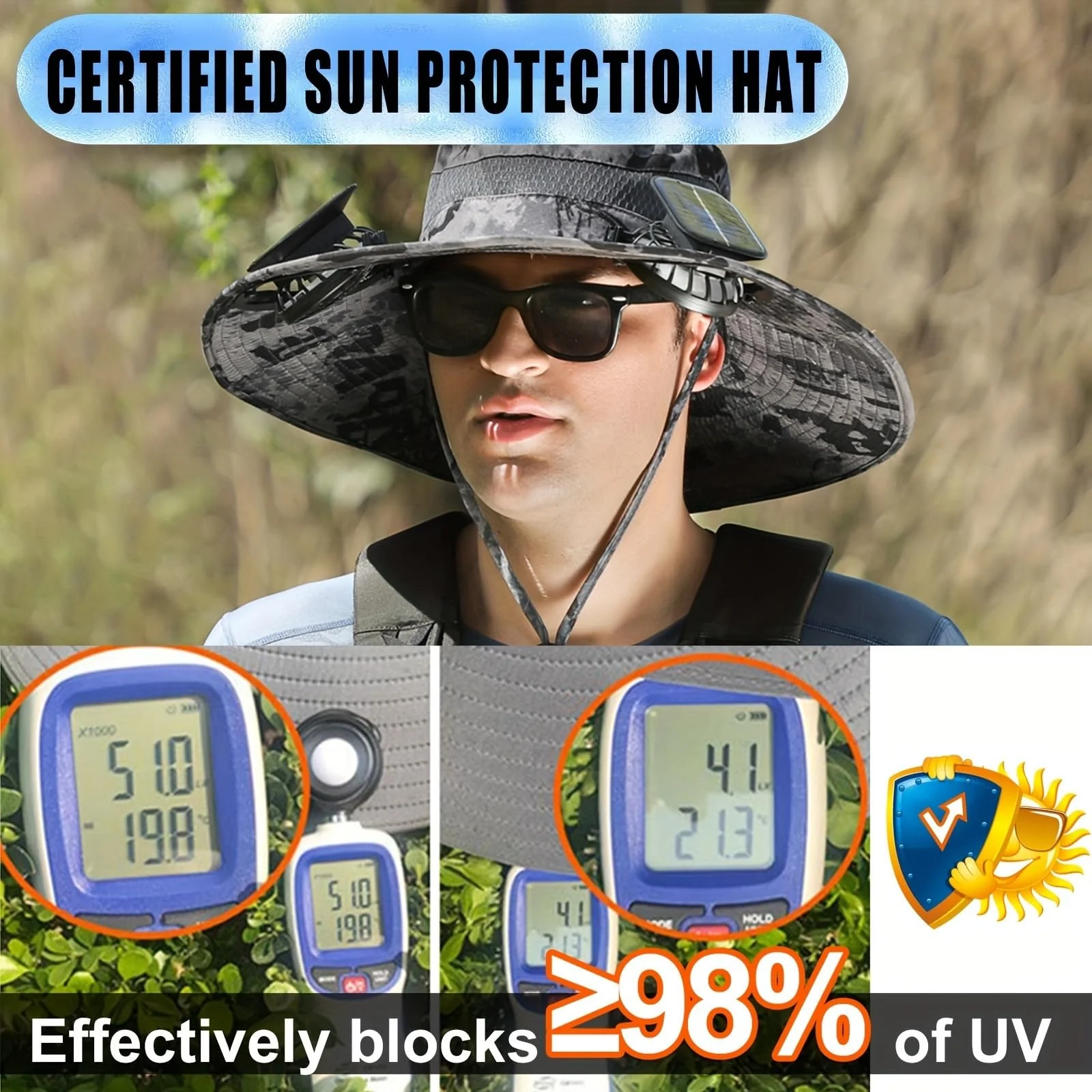 Outdoor Wide Brim Sun Hat with 2 Solar Fan Sun Bucket Hat for Men Women UPF 50+ Bucket Fishing & Beach Hat with Fan Built in(Gray) - Image 6