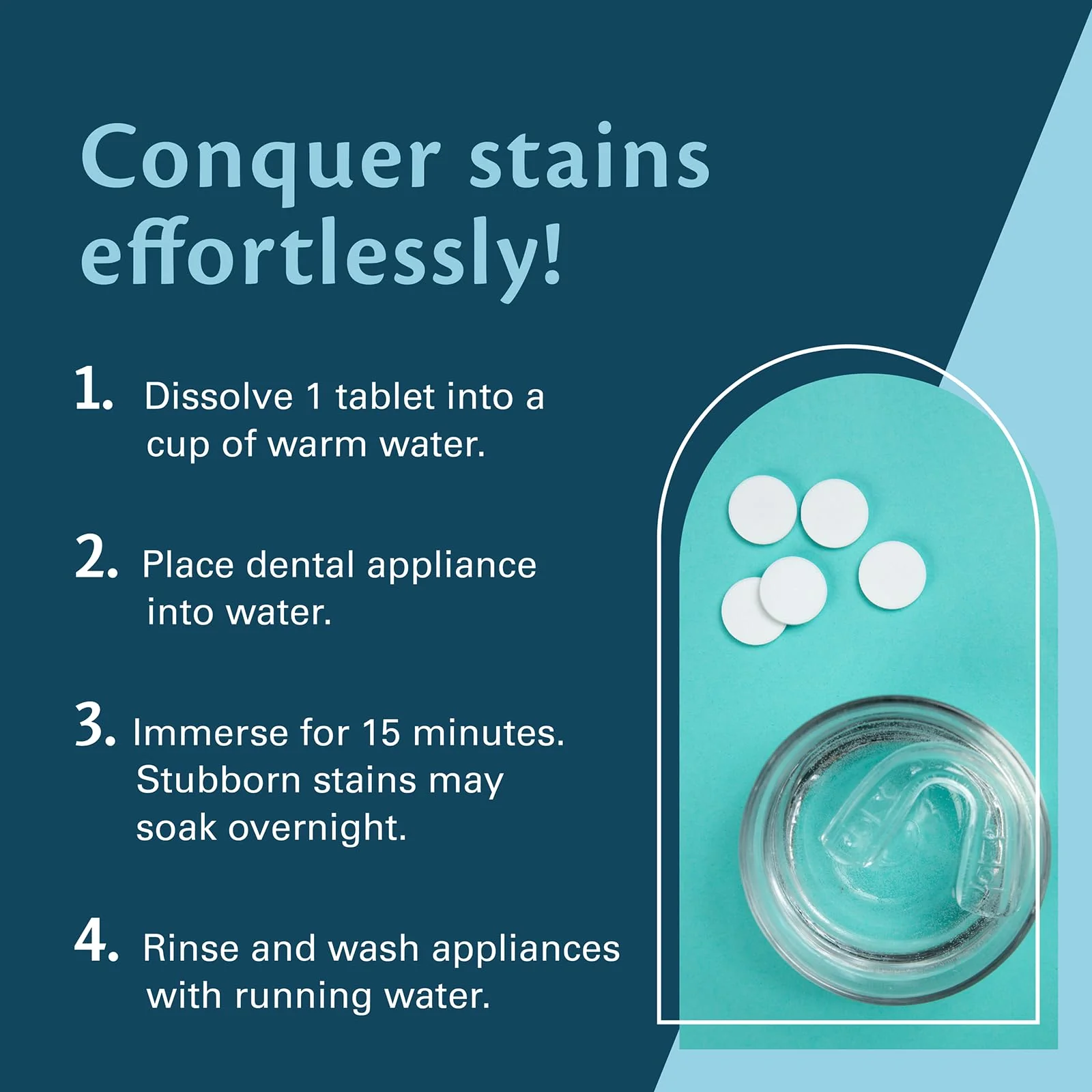 Overnight + Whitening Retainer Cleaner | FSA HSA Approved | Remove Stains, Discoloration, and Plaque | 4 Month Supply | Denture Cleanser with Whitening Boost by M3 Naturals - Image 4