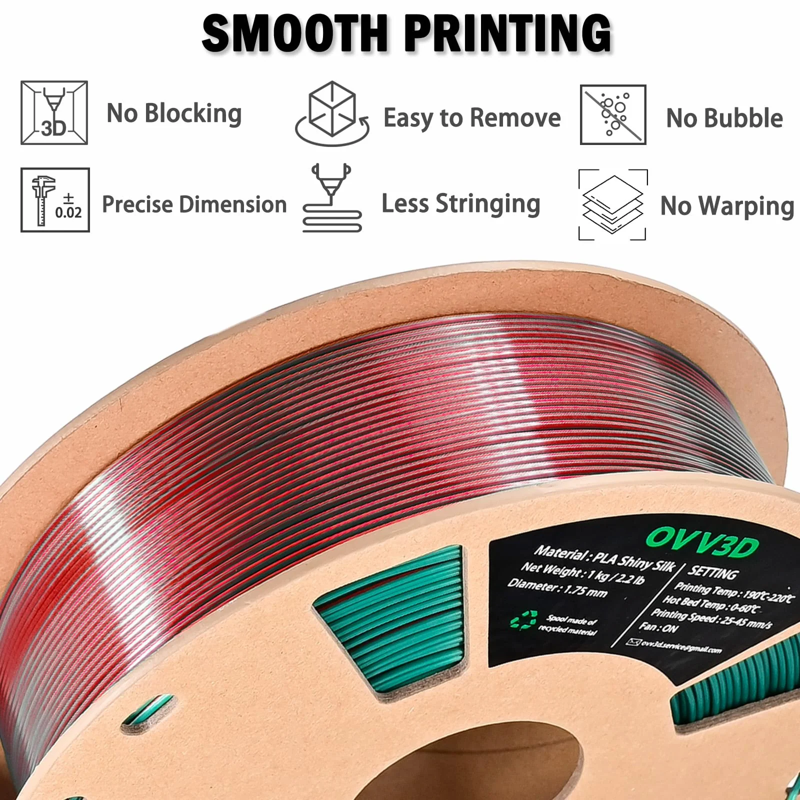 OVV3D PLA Filament 1.75mm Dual-Colors, Christmas Red Green Silk PLA Filament,3D Printer Filament Rainbow PLA Filament, 3D Printing Filament +/-0.02mm, 1kg/2.2lbs - Image 5