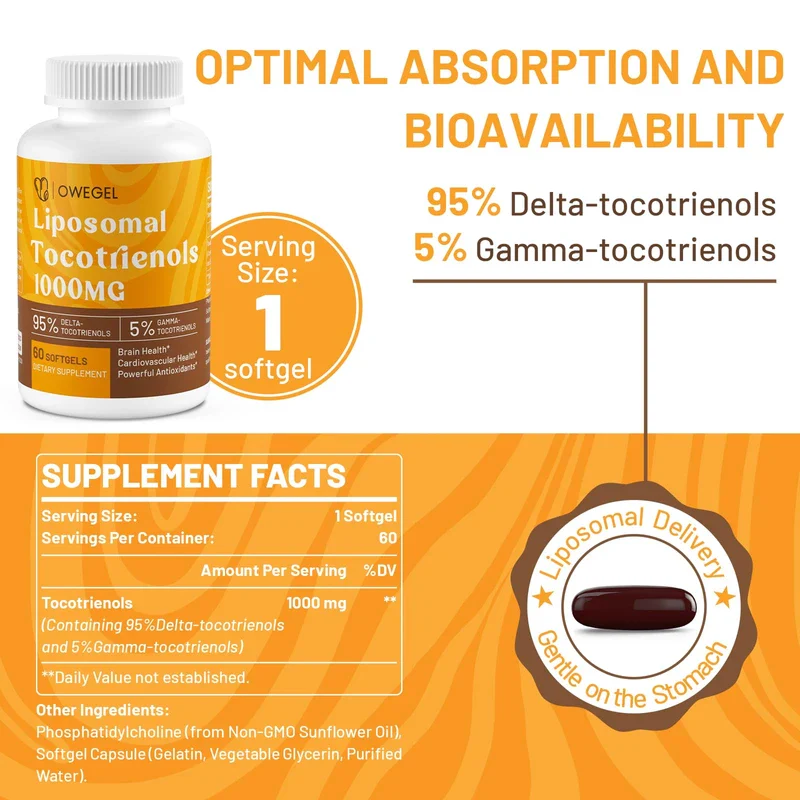 owegel Vitamin E Tocotrienols Supplements 1000mg - High Potency Liposomal Tocotrienol Capsules,95% Delta & 5% Gamma Tocotrienols Support Cardiovascular,Skin,Bone,Antioxidant,120 Softgels - Image 2